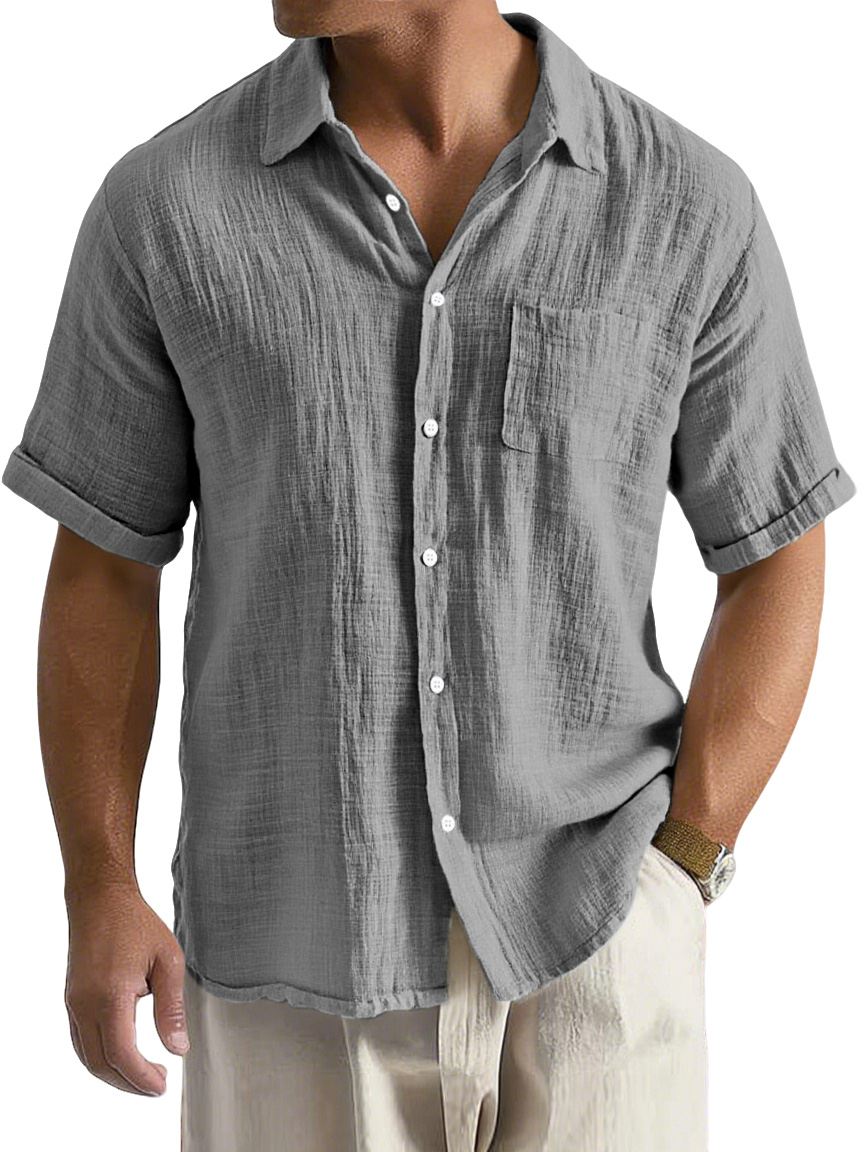 Men's Daily Casual Loose And Comfortable Imitation Linen Lapel Short-sleeved Button-down Shirt
