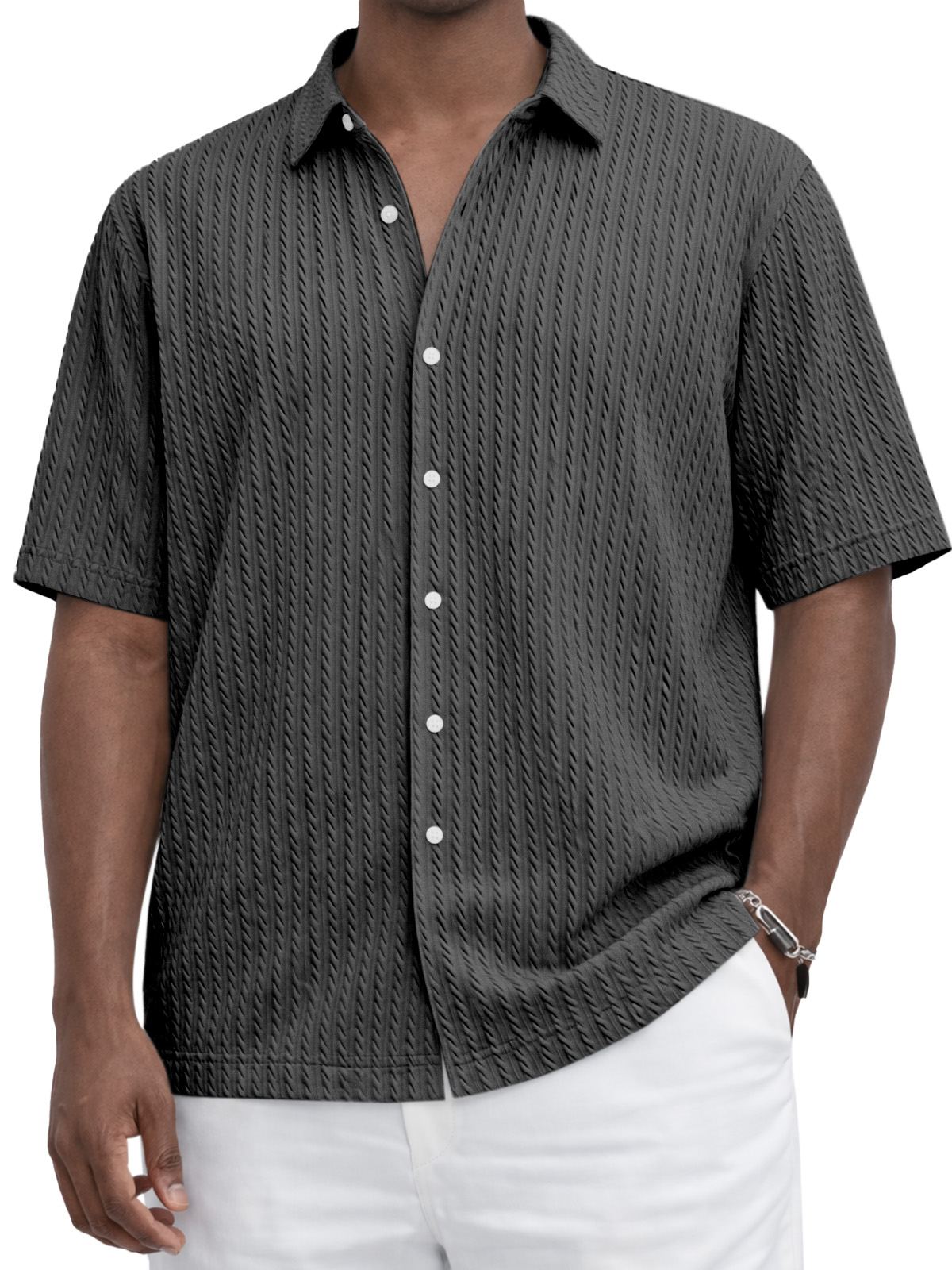 Everyday Casual Solid Color Textured Short-Sleeve Shirt