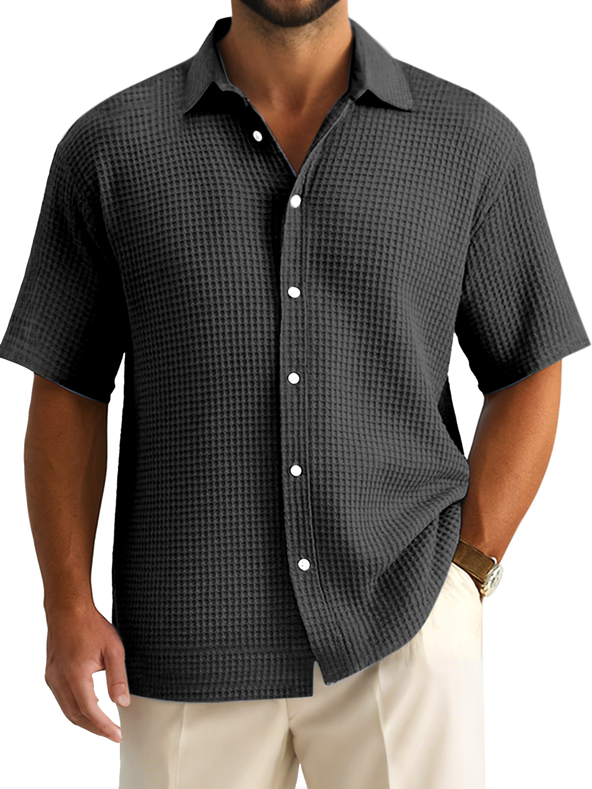 Men's Simple Casual Solid Color Waffle Short-sleeved Button-down Shirt
