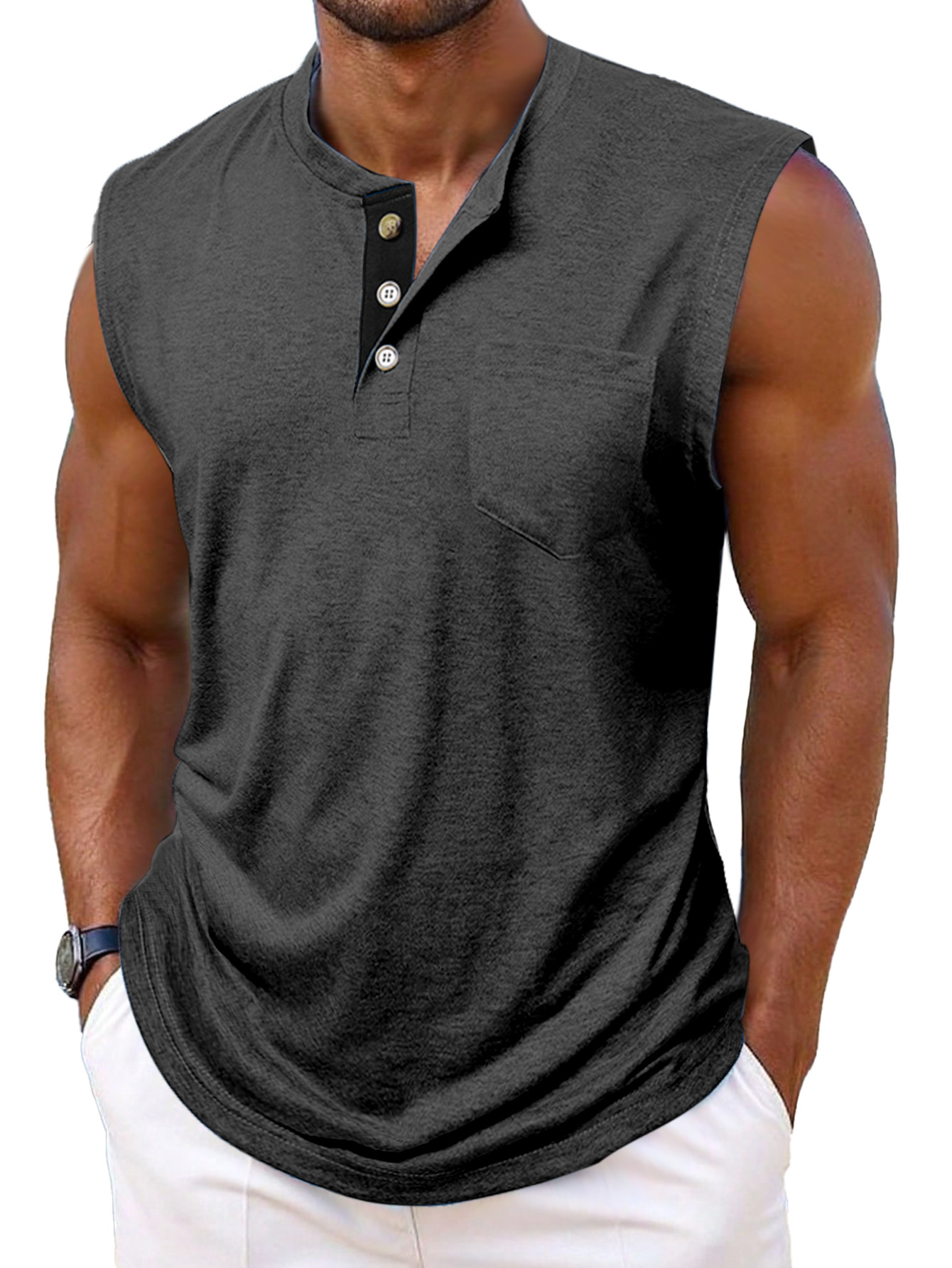 Men's Simple Casual Contrast Color Sleeveless Henley Shirt