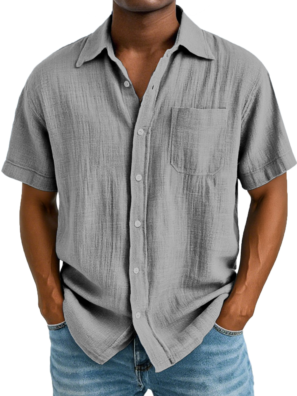 Men's Casual And Comfortable Solid Color Cotton And Linen Short-sleeved Lapel Shirt