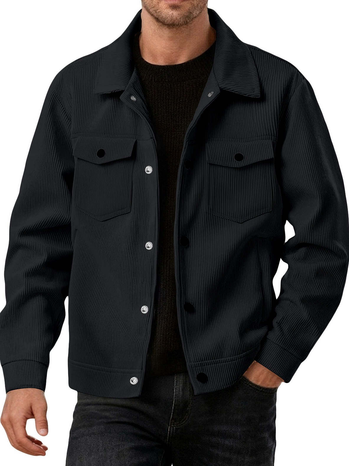 Men's Fashionable Casual Ribbed Fabric Long-Sleeved Pocket Jacket