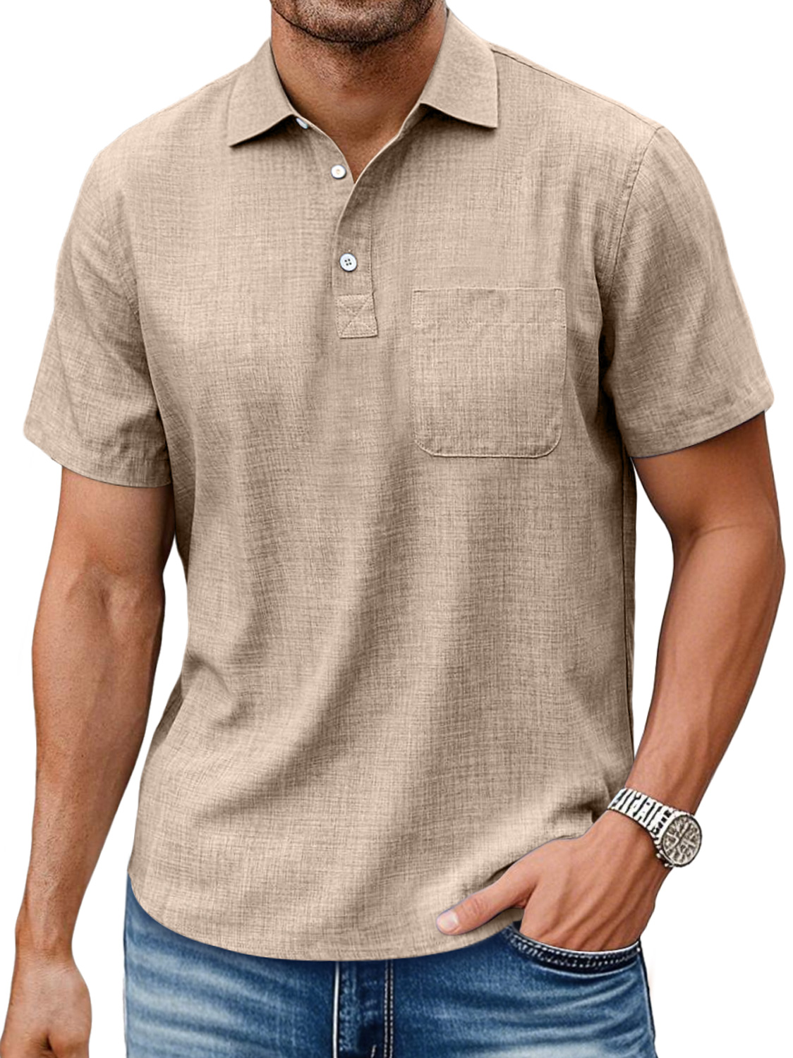 Men's Daily Lapel Pocket Casual Comfortable Solid Color Short-sleeved Polo Shirt