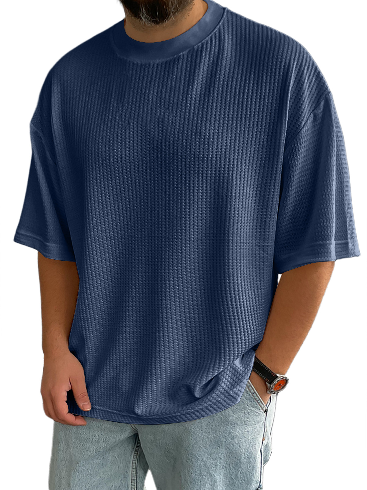 Men's Casual Textured Round Neck Solid Color Short-sleeved T-shirt