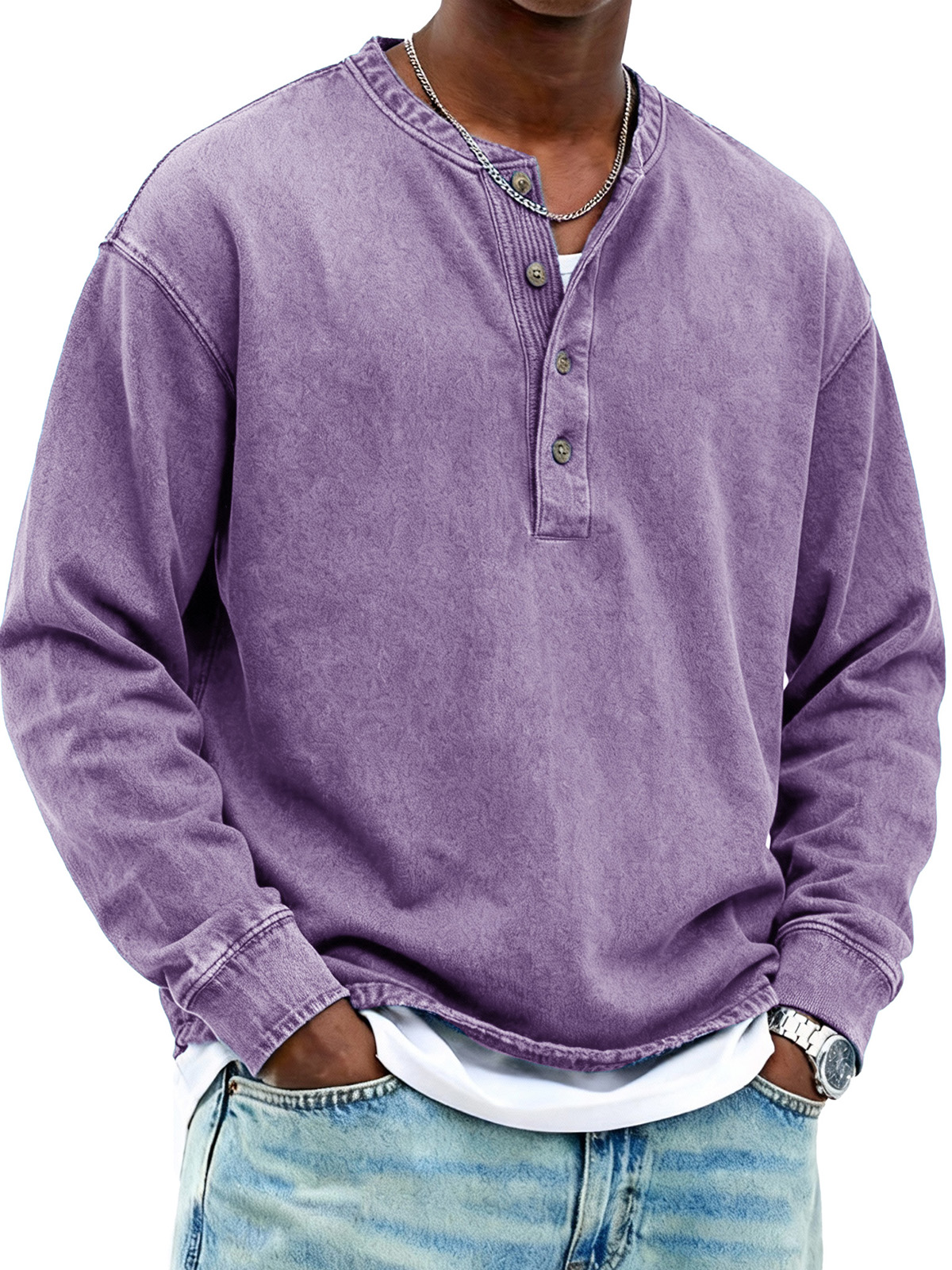Men's Fashionable Retro Stand Collar Button-Up Long-Sleeved Henley Shirt