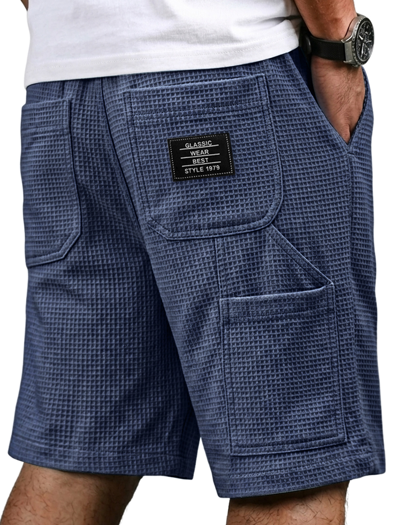 Men's Waffle-patterned Multi-pocket Embroidered Logo Casual Cargo Shorts