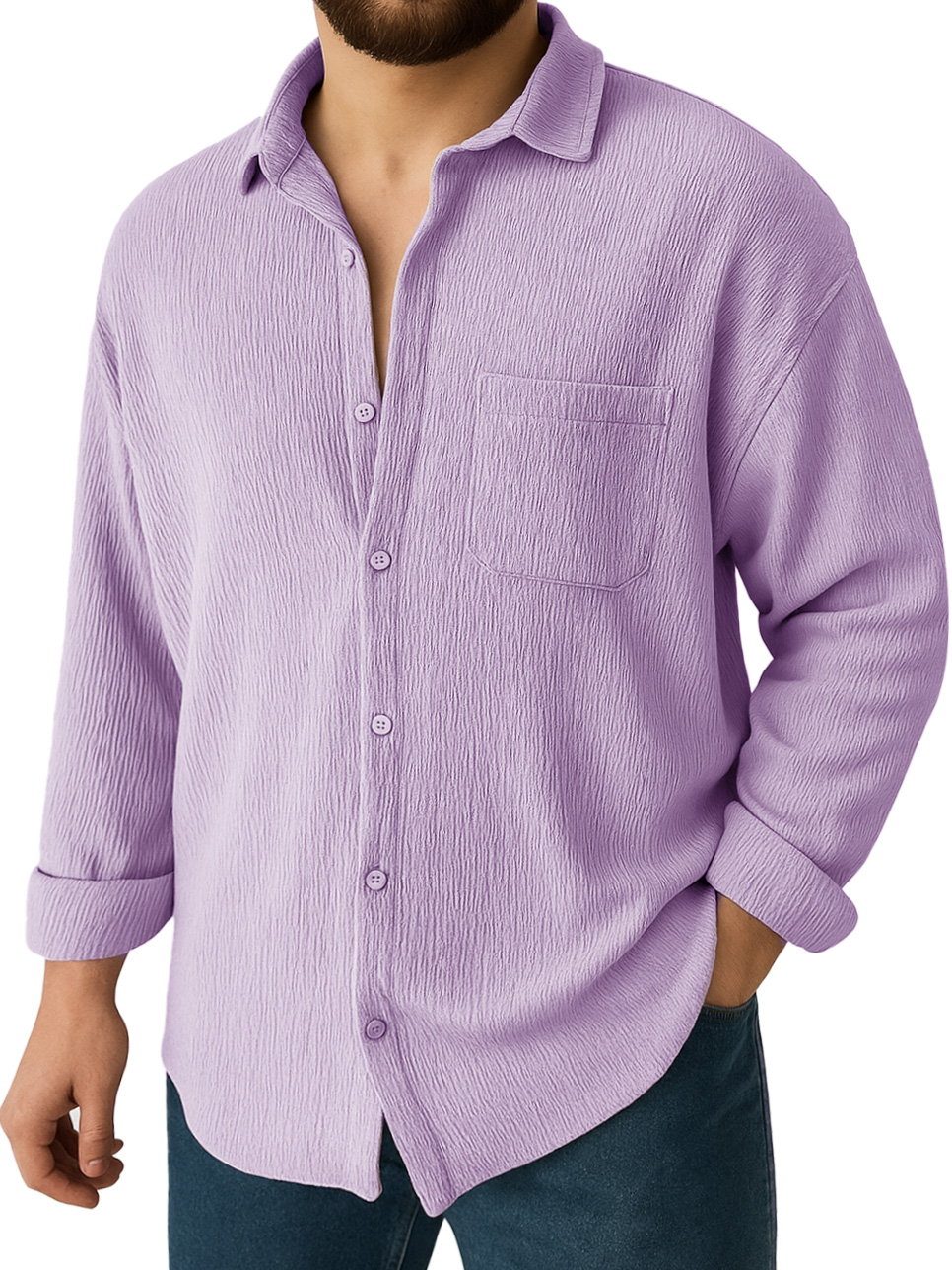Men's Clothing Fashionable Daily Jacquard Texture Fabric Loose Pockets Long-sleeved Lapel Shirt