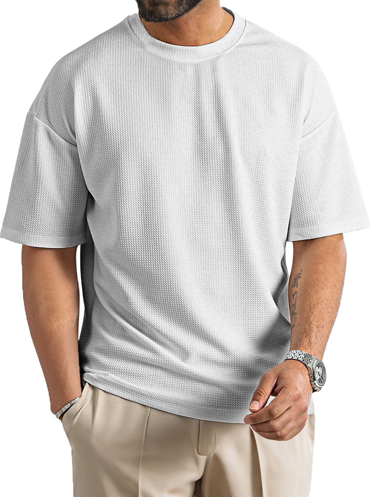 Men's Daily Solid Color Waffle Texture Round Neck Short-sleeved T-shirt