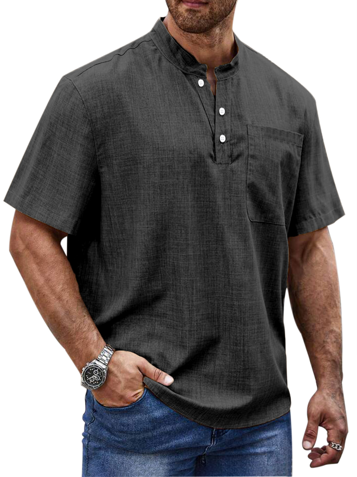 Men's Simple Daily Solid Color Short Sleeve Button Stand Collar Polo Shirt