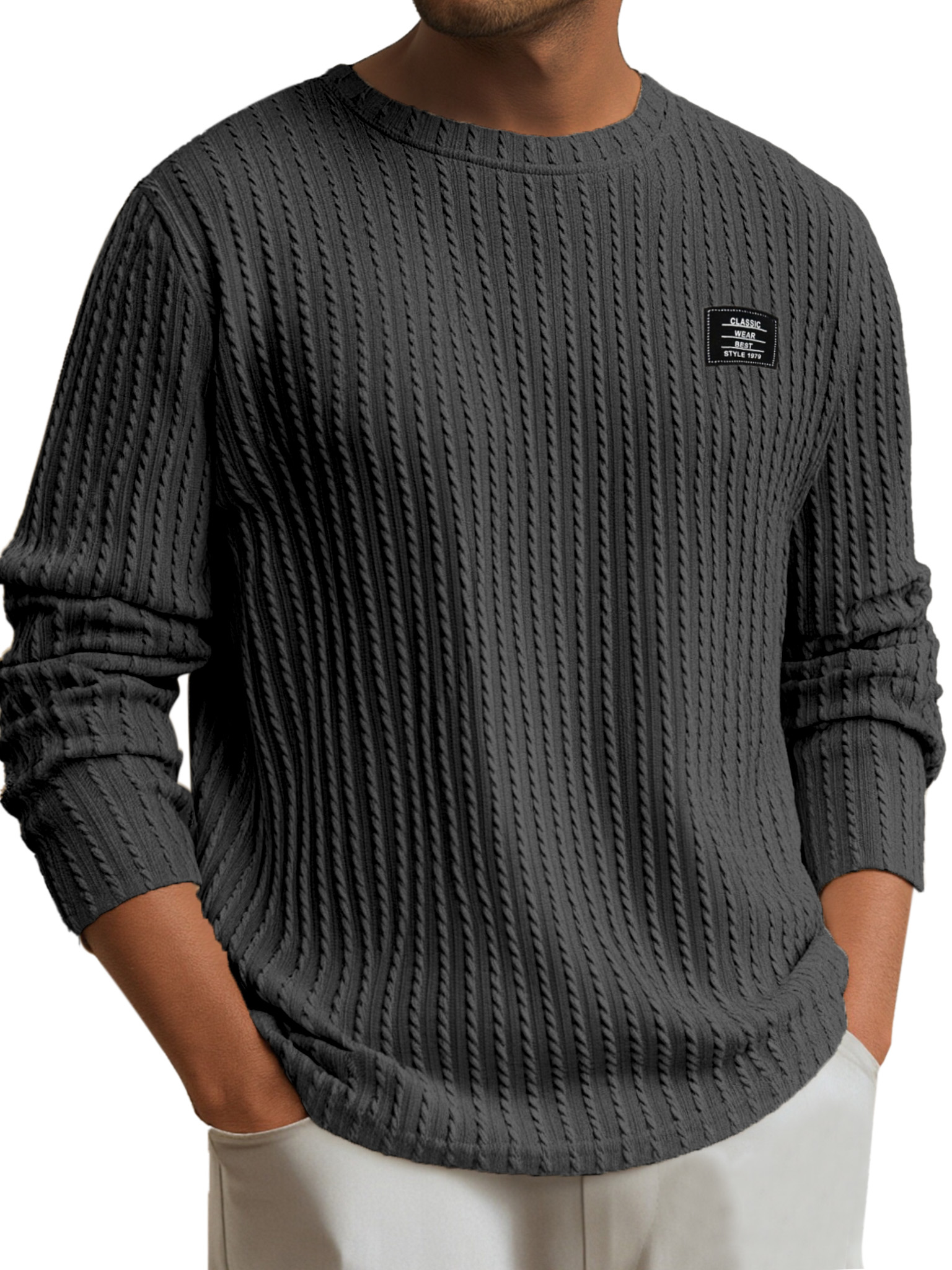 Men's Simple Daily Solid Color Logo Round Neck Long-sleeved T-shirt