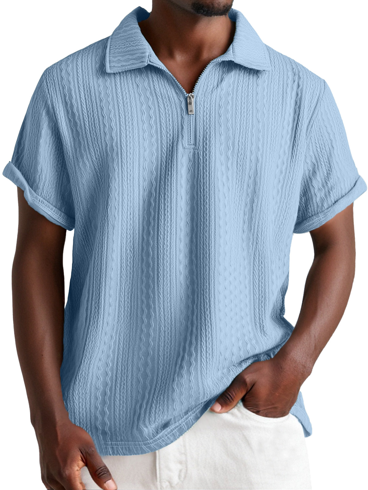 Men's Everyday Design Textured Short-sleeved Lapel Zipper Polo Shirt