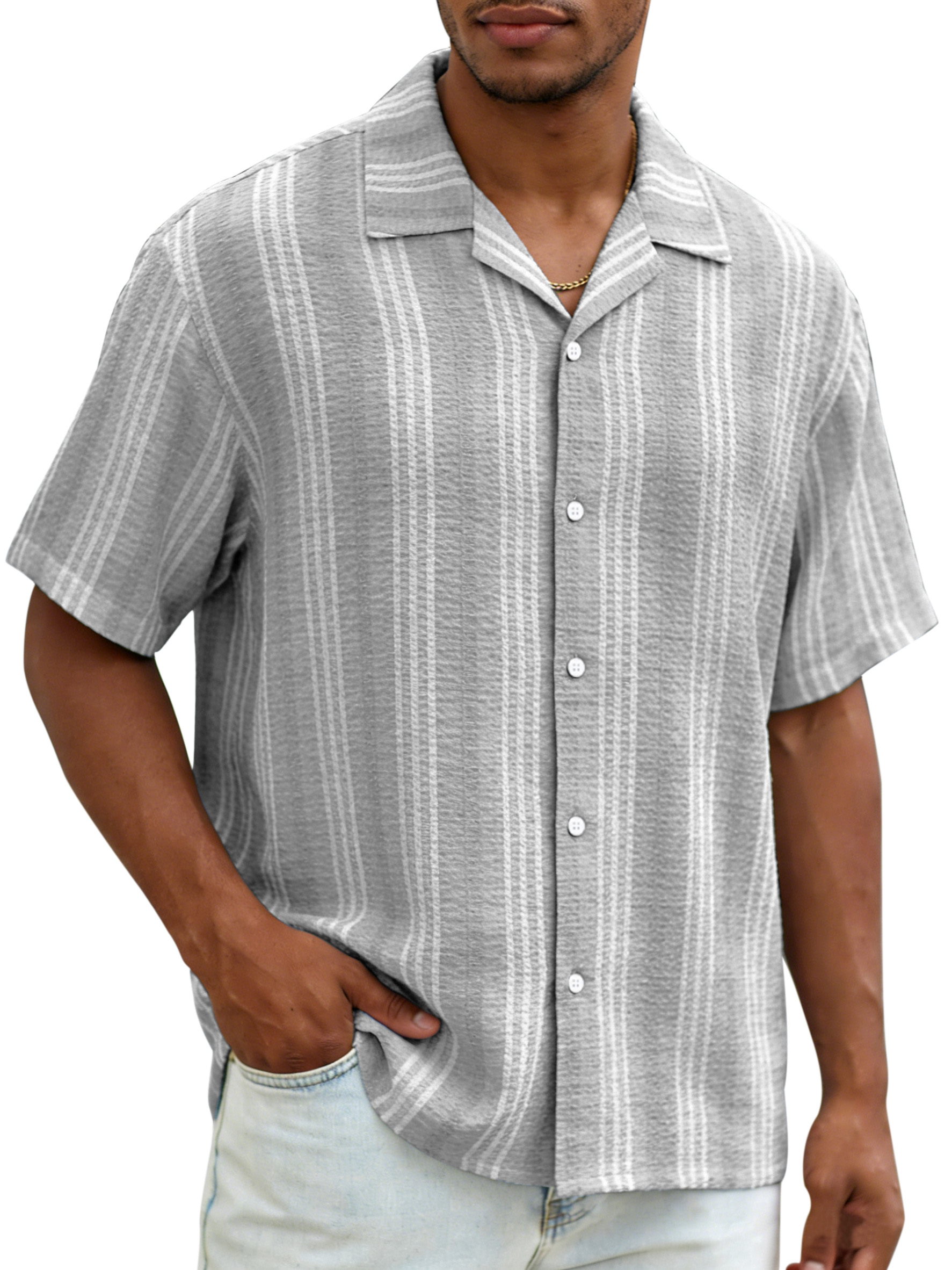 Daily casual resort style vertical striped breathable loose short-sleeved shirt