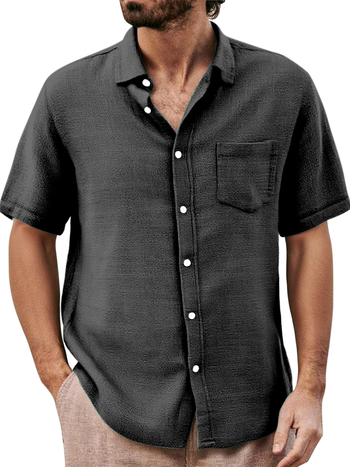 Men's Daily Casual Loose And Comfortable Solid Color Lapel Short-sleeved Button-down Shirt