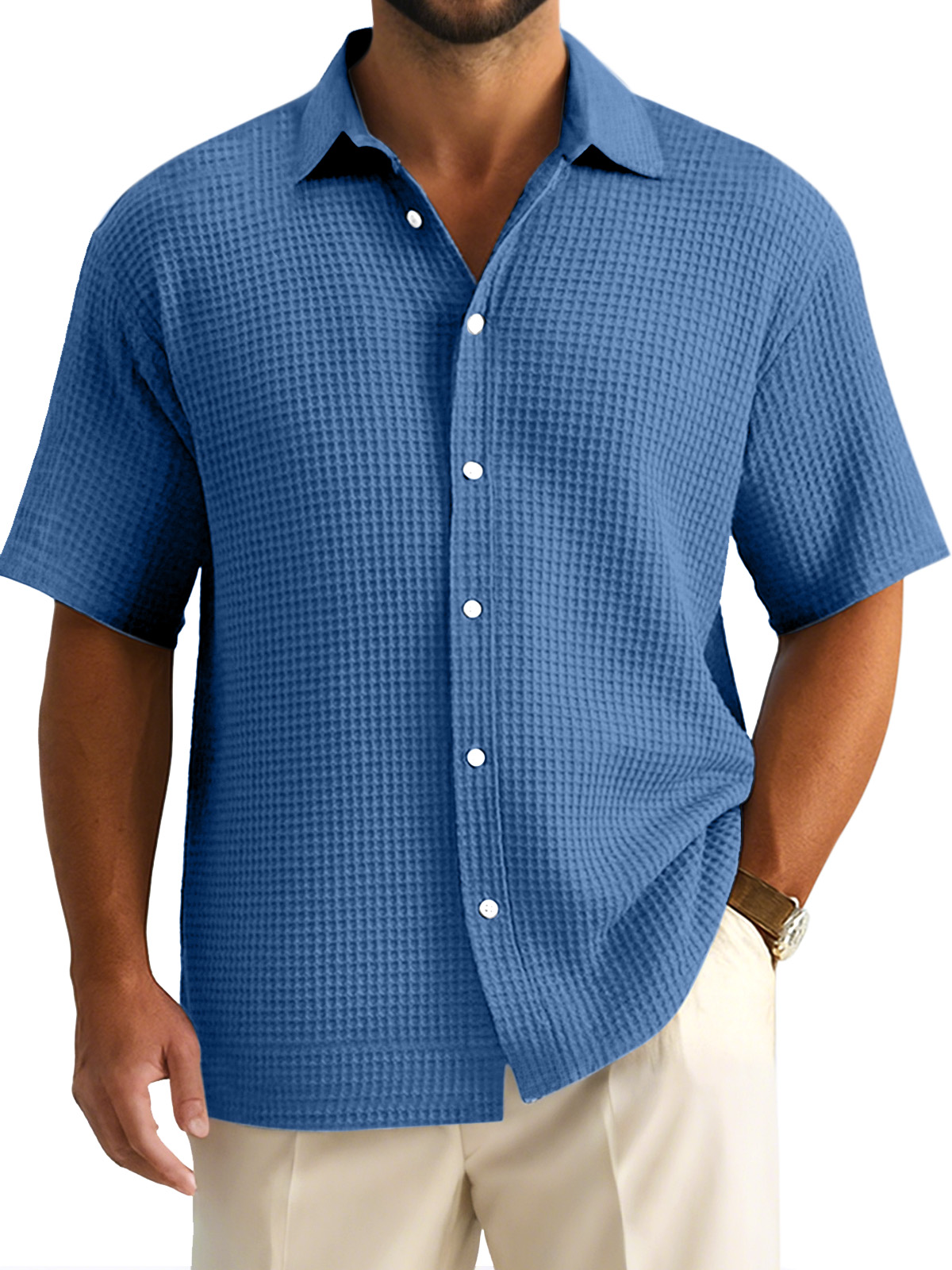 Men's Simple Casual Solid Color Waffle Short-sleeved Button-down Shirt