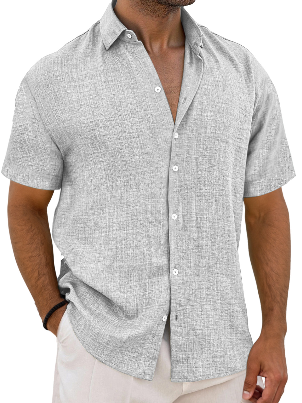 Men's Simple Solid Color Breathable Loose Lapel Short-sleeved Shirt