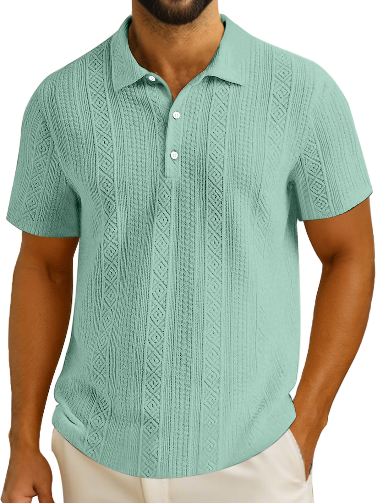 Men's Simple Solid Color Textured Lapel Button Short-sleeved Polo Shirt