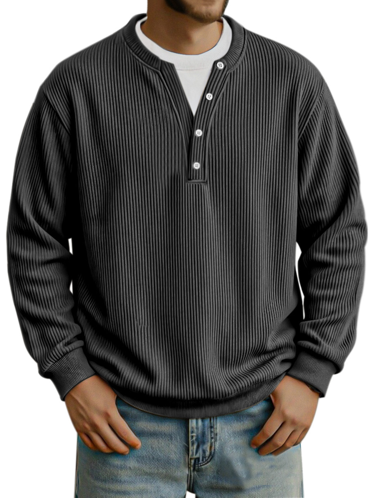 Men's Fashionable Vertical Pit Strip Fake Two-piece Button Design Long-sleeved Top
