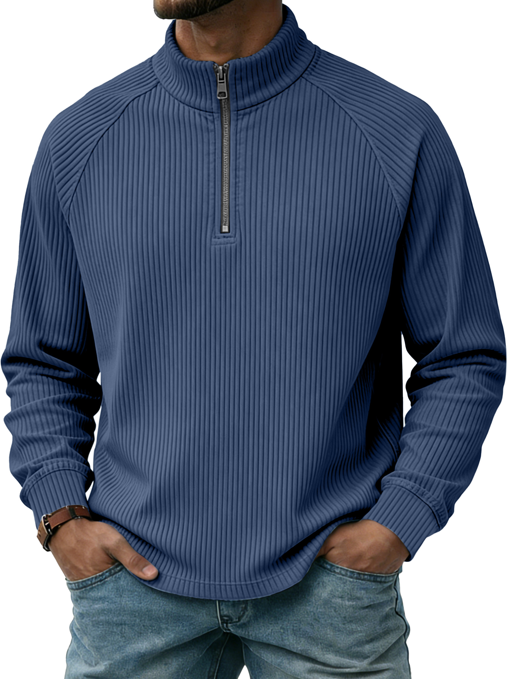 Men's Casual Simple Vertical Stripe Zip-up Stand-collar Raglan Sleeve Polo Shirt