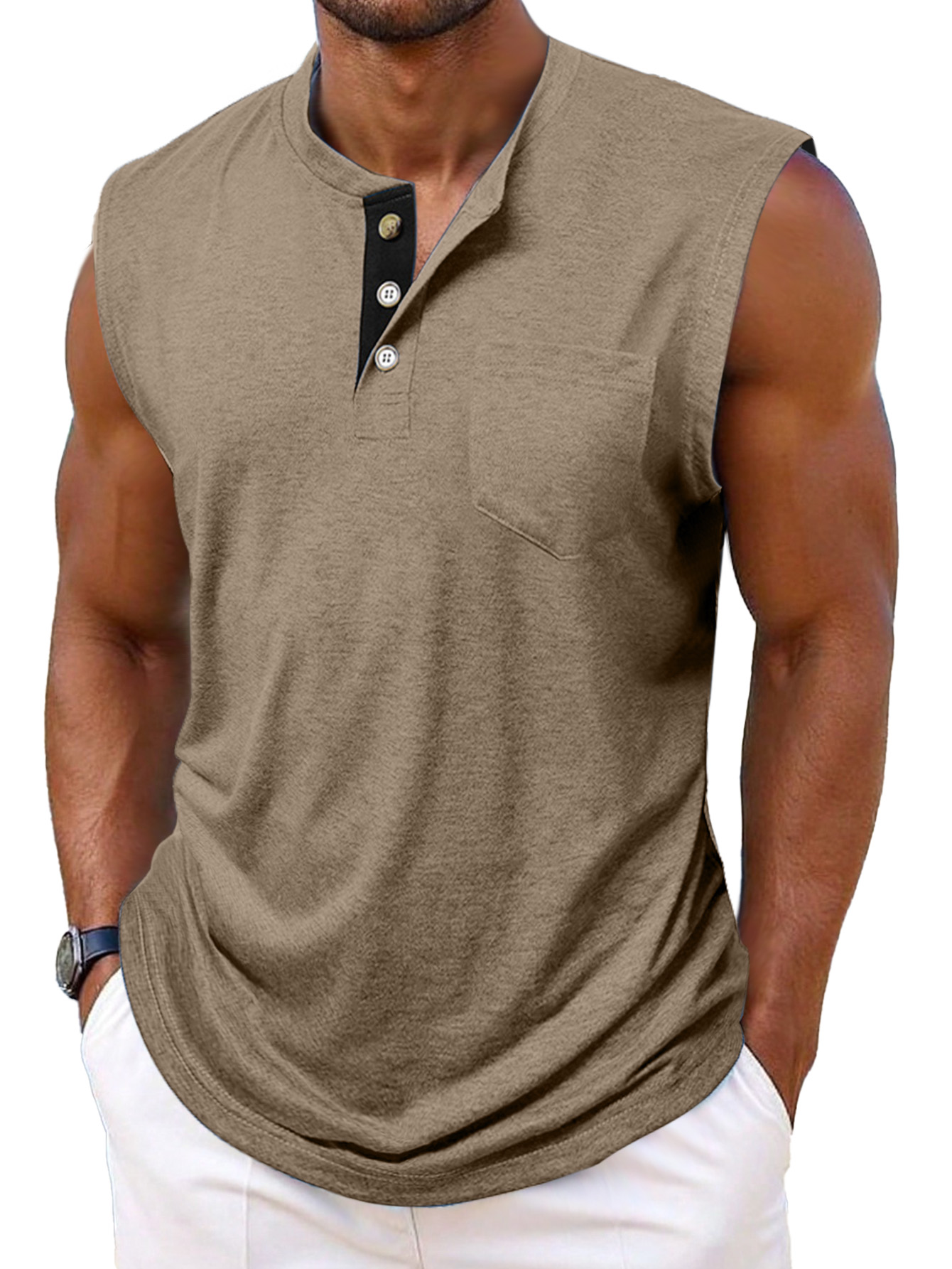 Men's Simple Casual Contrast Color Sleeveless Henley Shirt