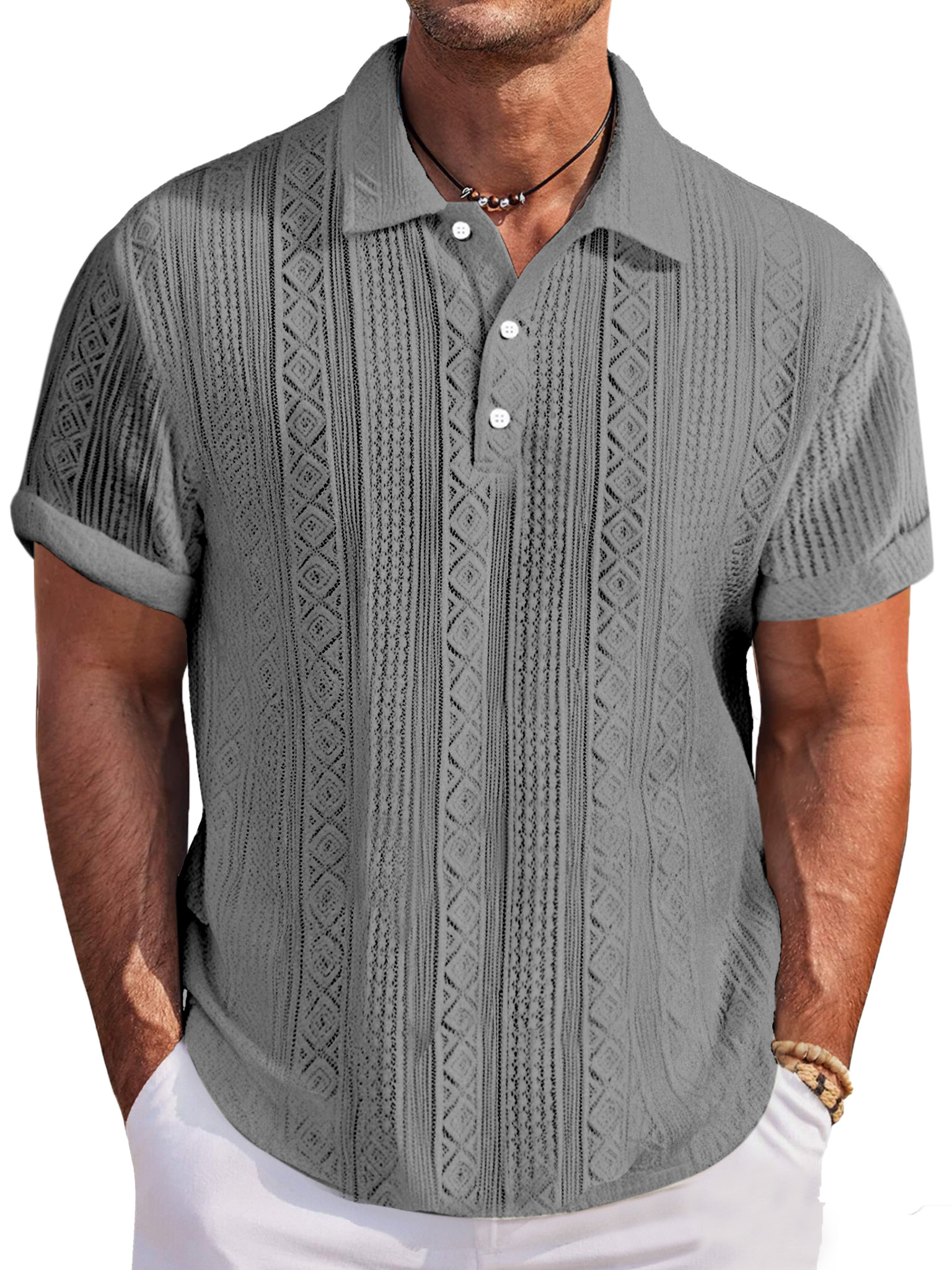 Men's Casual And Comfortable Solid Color Textured Short-sleeved Lapel Polo Shirt