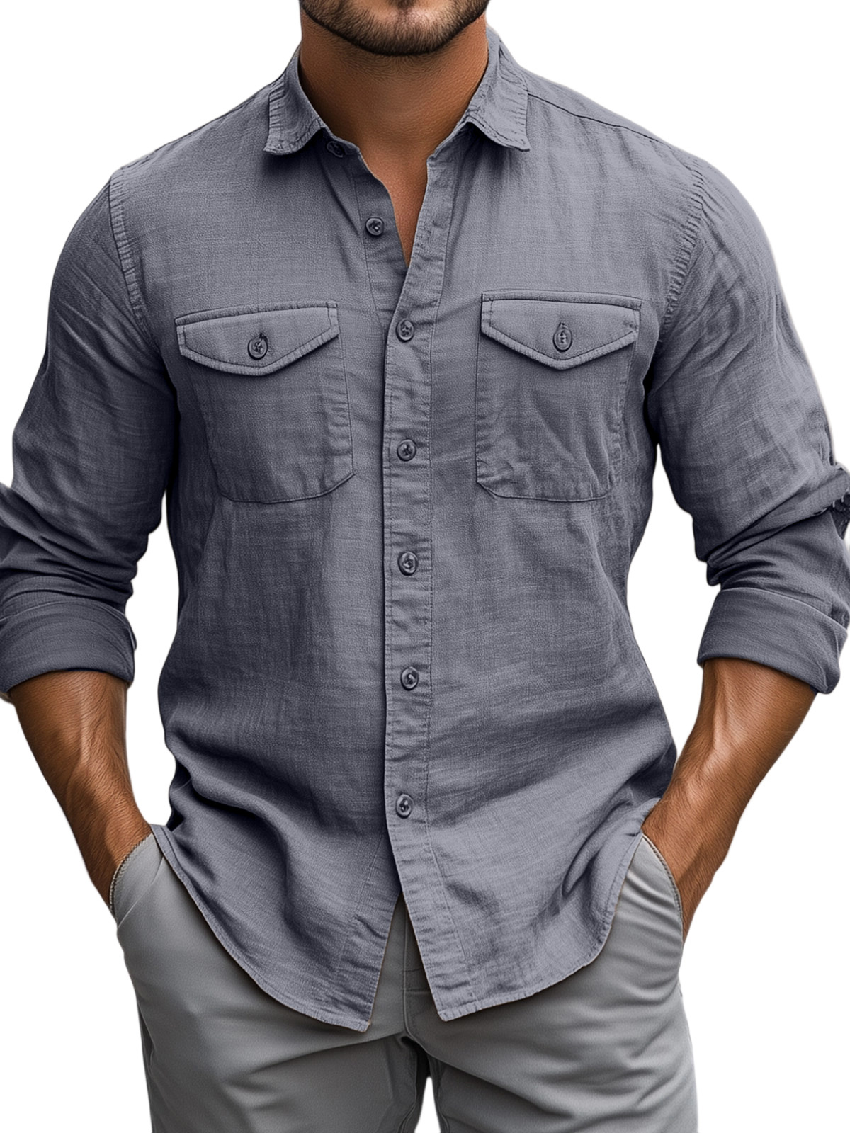 Men's Casual Daily Solid Color Breathable Cotton Long-sleeved Shirt