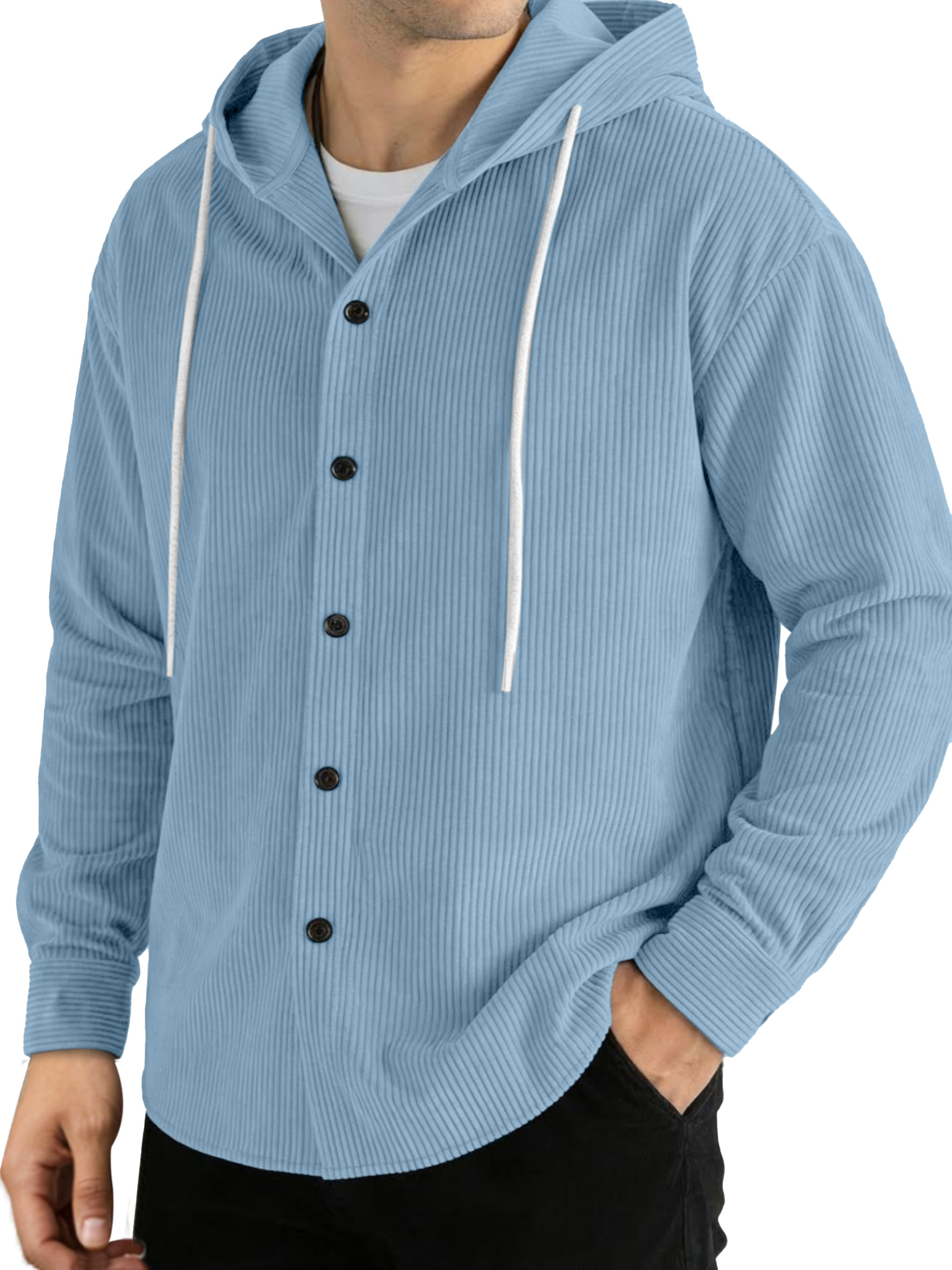 Casual Solid Color Vertical Ribbed Button-Up Hooded Long-Sleeve Shirt
