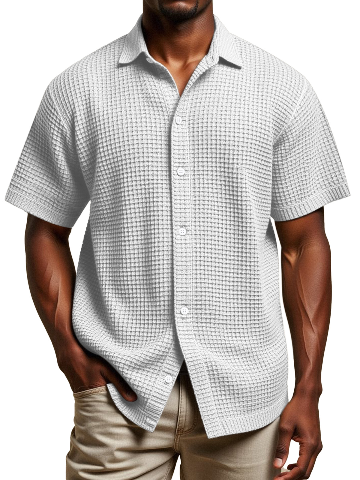 Men's Daily Simple Solid Color Waffle Texture Short-sleeved Lapel Button-down Shirt