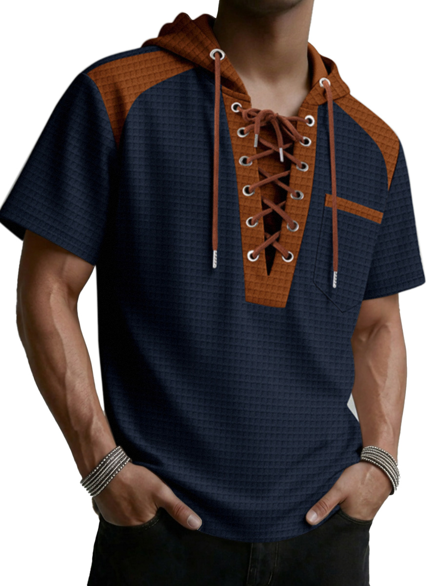 Men's Waffled Short-Sleeve Hoodie Contrast Lace-Up Tee