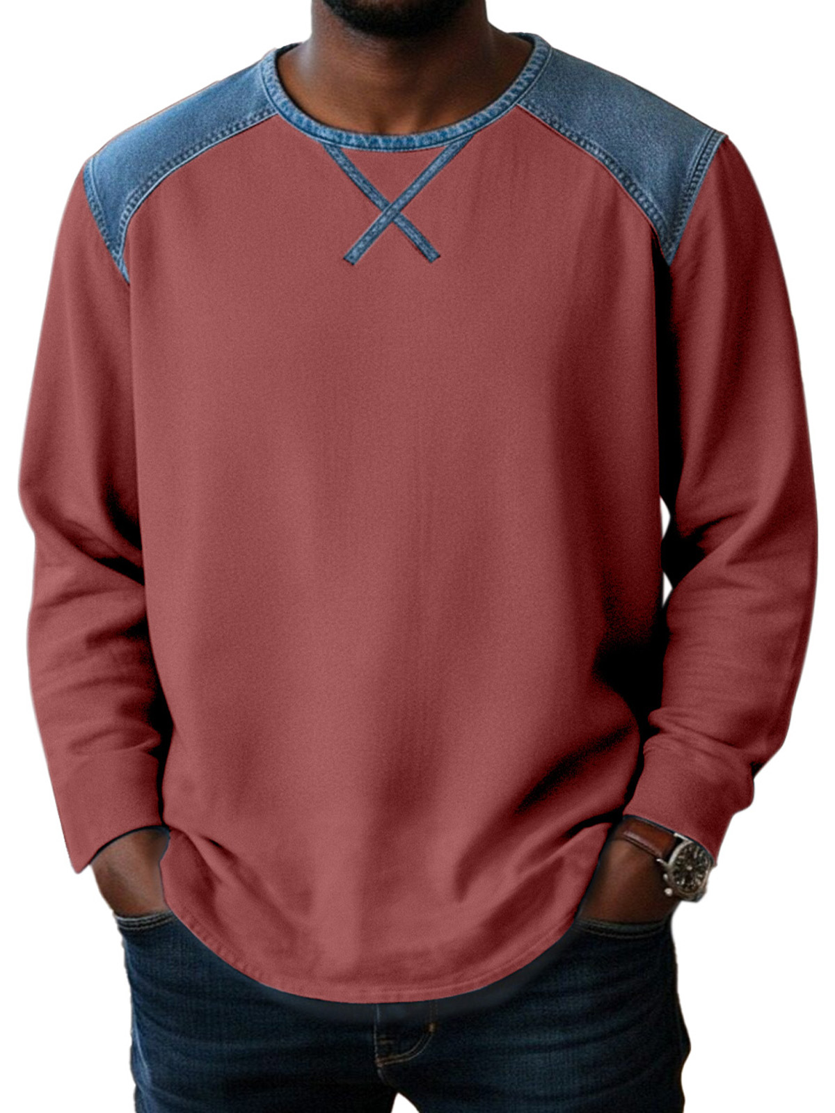 Basic Casual Inverted Triangle Design Spliced ​​round Neck Long-sleeved T-shirt
