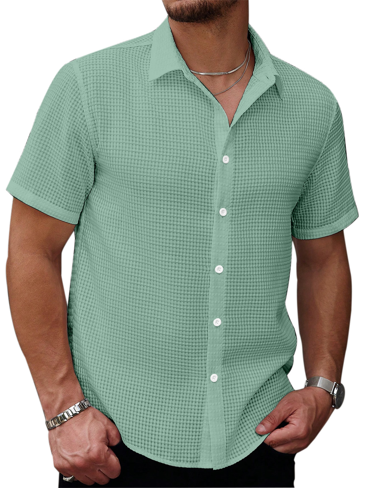 Men's Casual Summer Solid Color Waffle Texture Short-sleeved Button-down Shirt