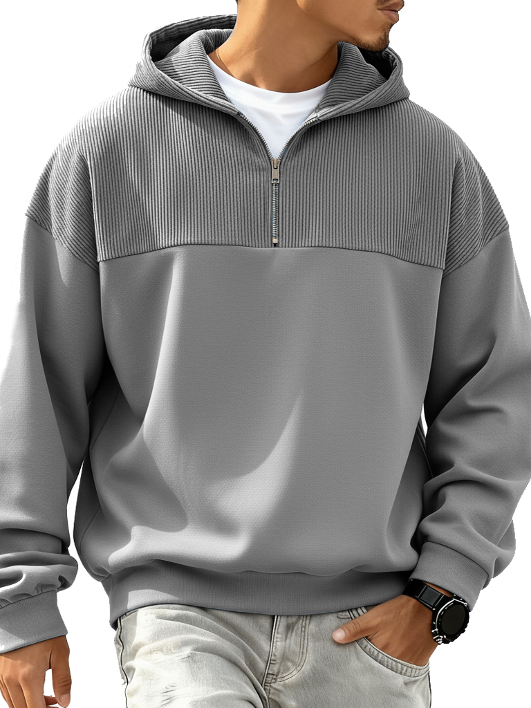Men's Fashion Casual Patchwork Ribbed Fabric Long-Sleeve Hooded Zipper Top