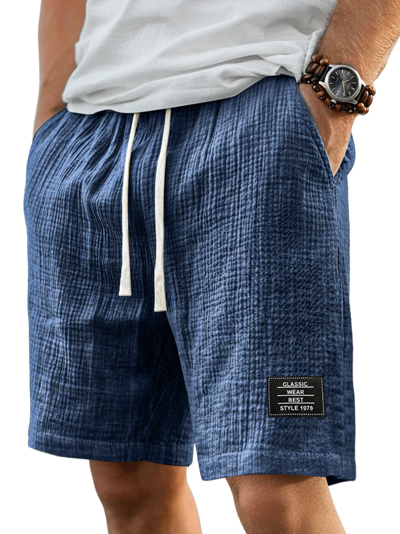 Men's Basic Pleated Texture Embroidered Logo Casual Comfort Shorts