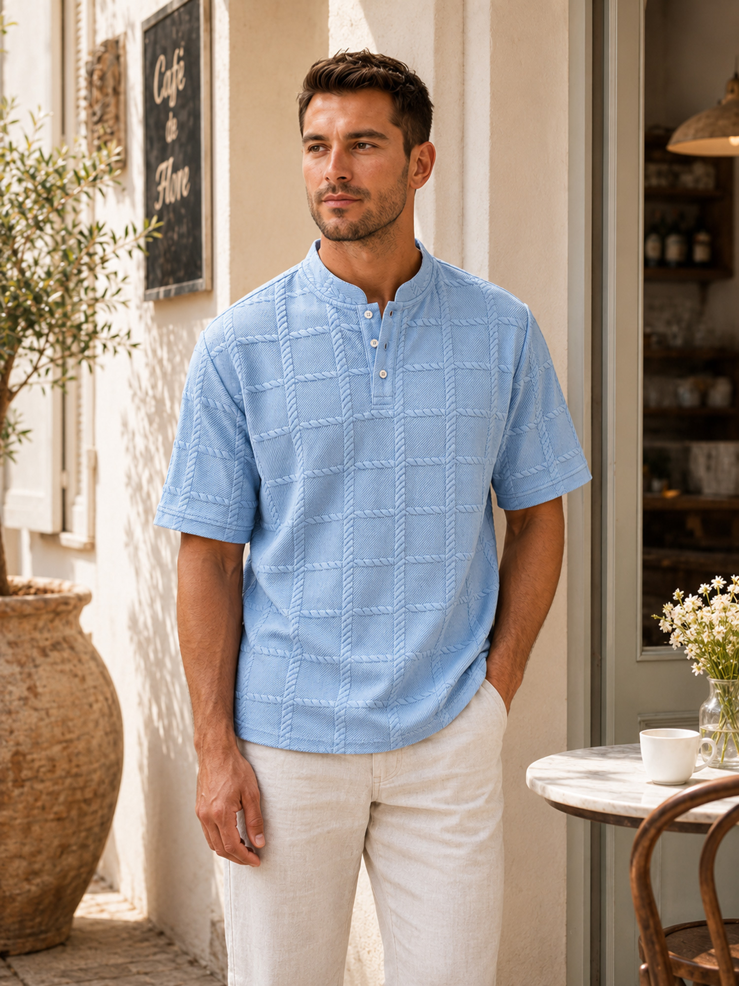 Men's Casual Textured Stand-Collar Button-Front Solid-Color Short-Sleeve Henley Shirt