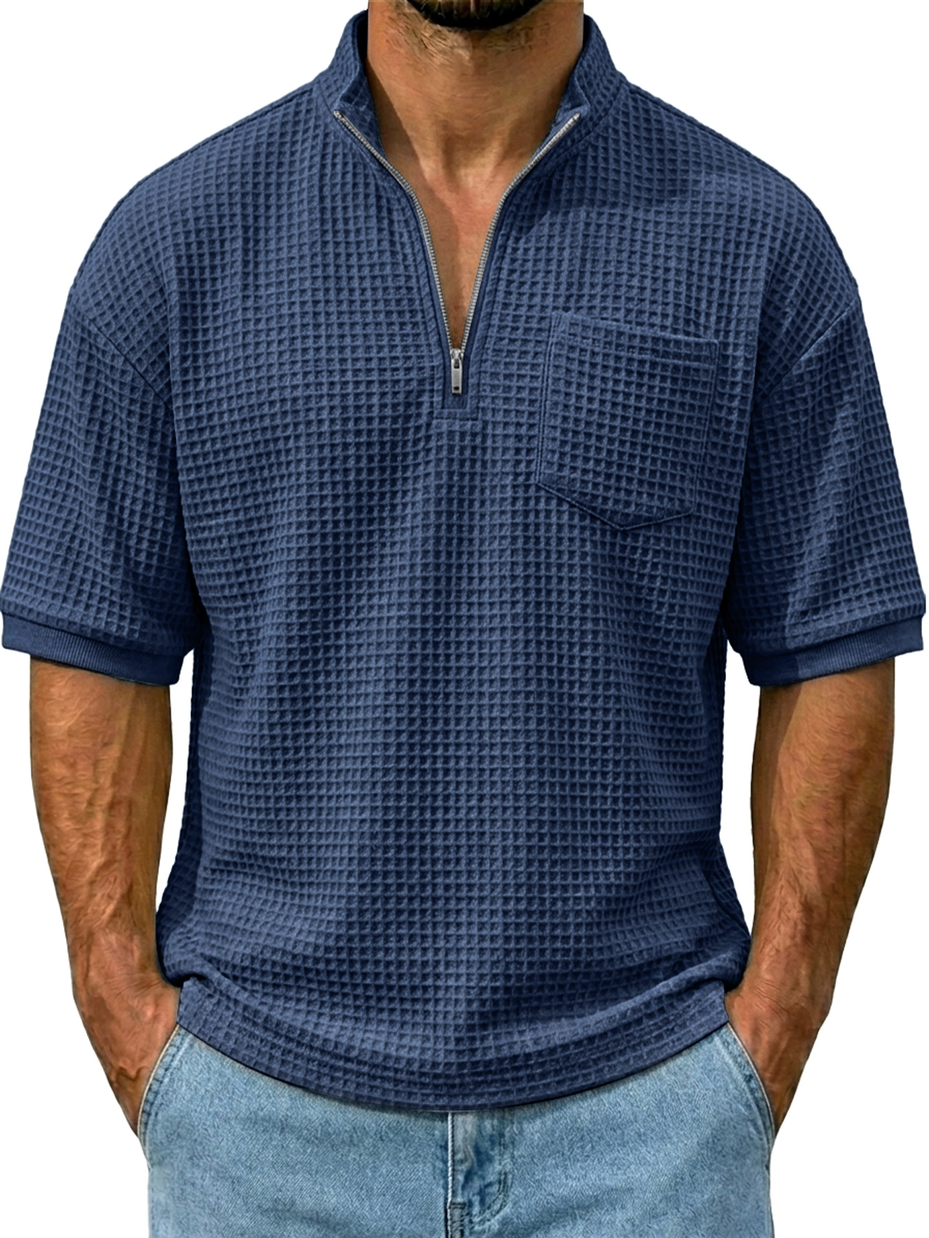 Men's Waffle Stand Collar Zipper Casual Pocket Short-sleeve T-shirt