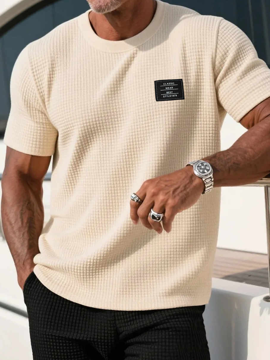 Men's Casual Waffle Fabric Logo Short-sleeved T-shirt