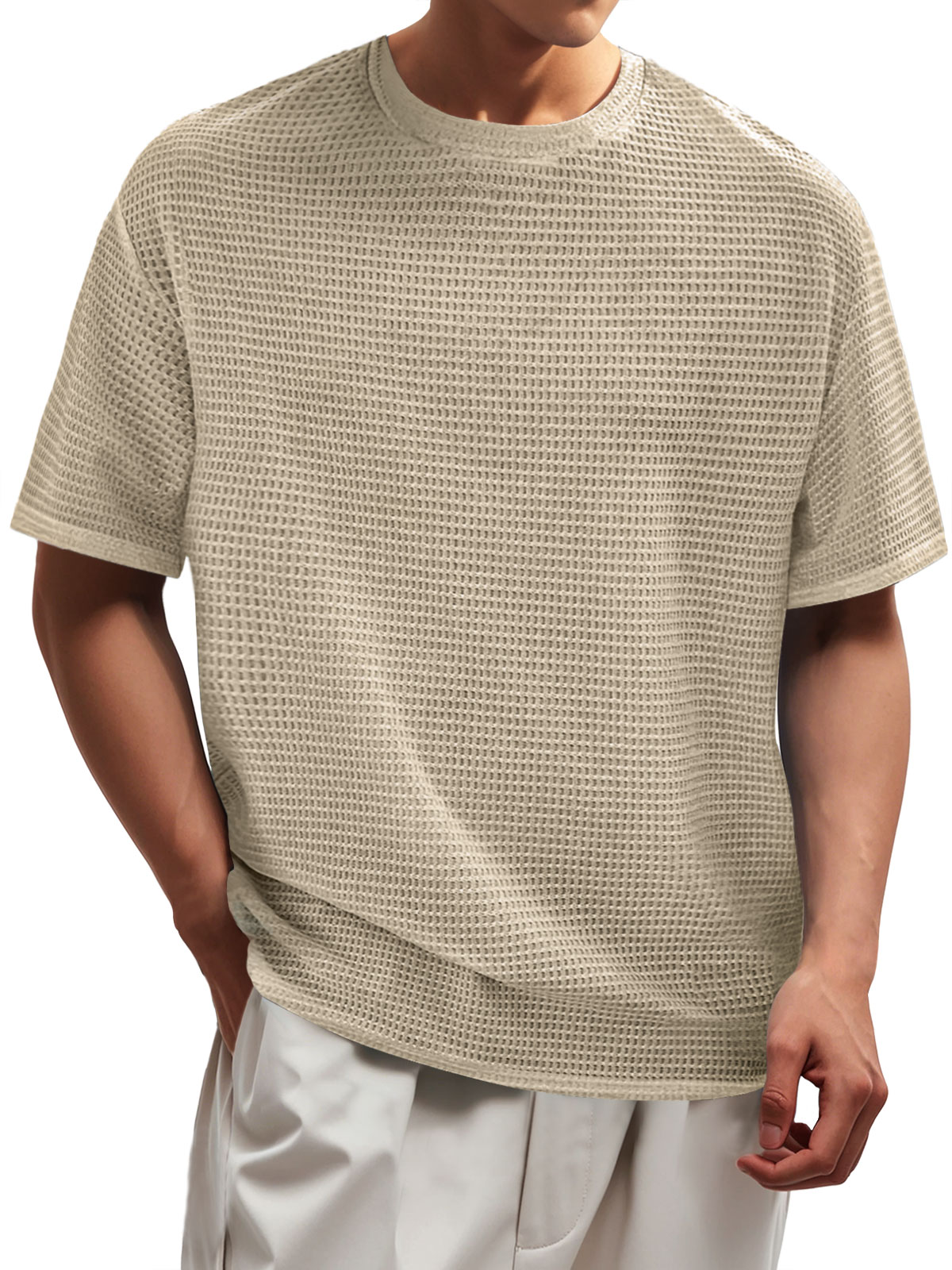 Men's Waffle Everyday Round Neck Casual Solid Color Short Sleeve T-Shirt