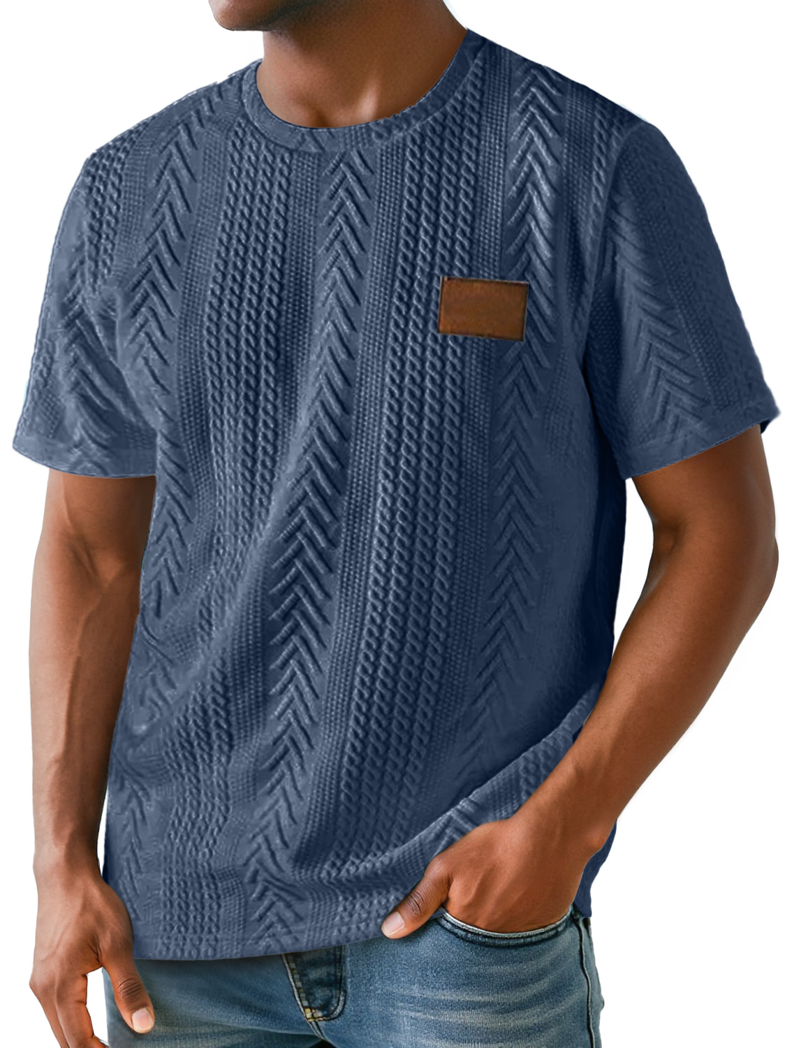 Men's Daily Round Neck Simple Texture Embroidered Label Casual Solid Color Short-sleeved T-shirt