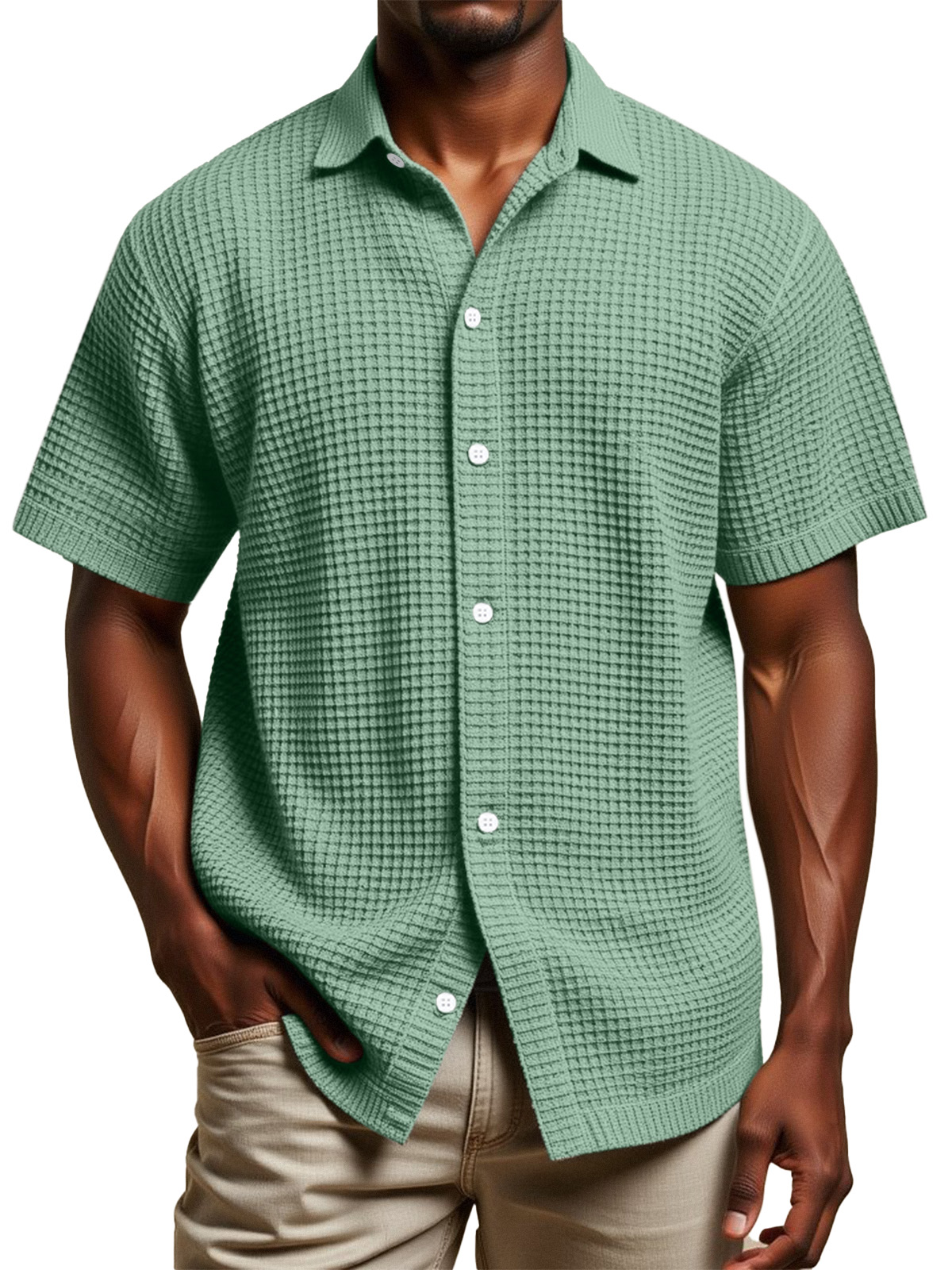 Men's Daily Simple Solid Color Waffle Texture Short-sleeved Lapel Button-down Shirt