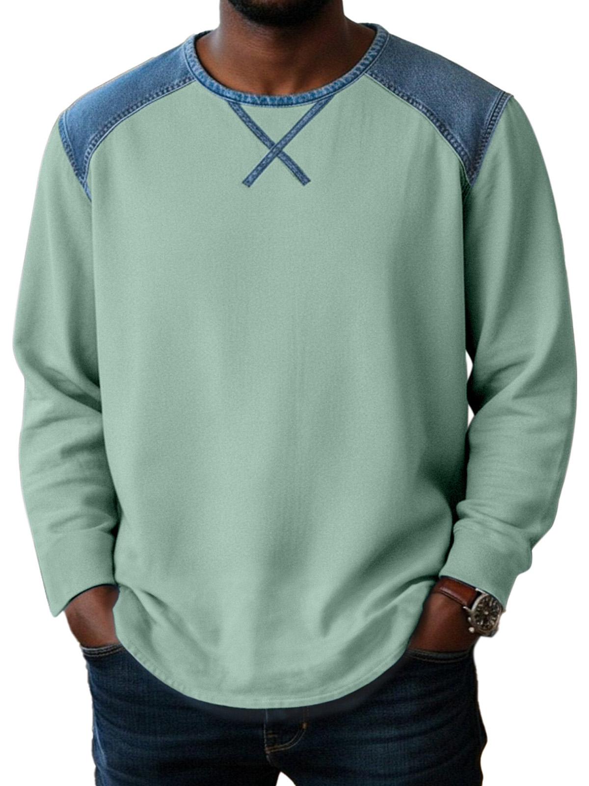 Basic Casual Inverted Triangle Design Spliced ​​round Neck Long-sleeved T-shirt