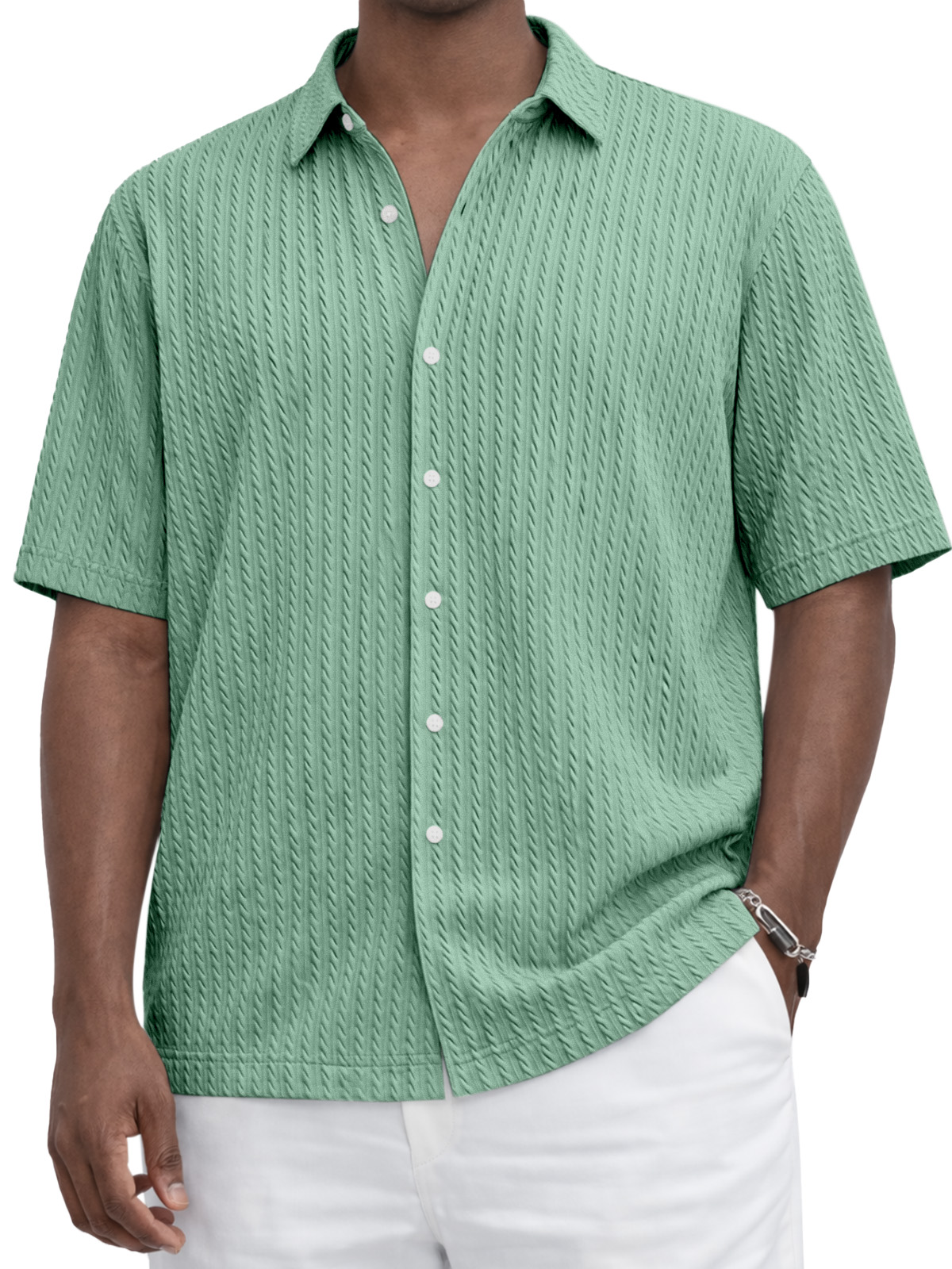 Everyday Casual Solid Color Textured Short-Sleeve Shirt