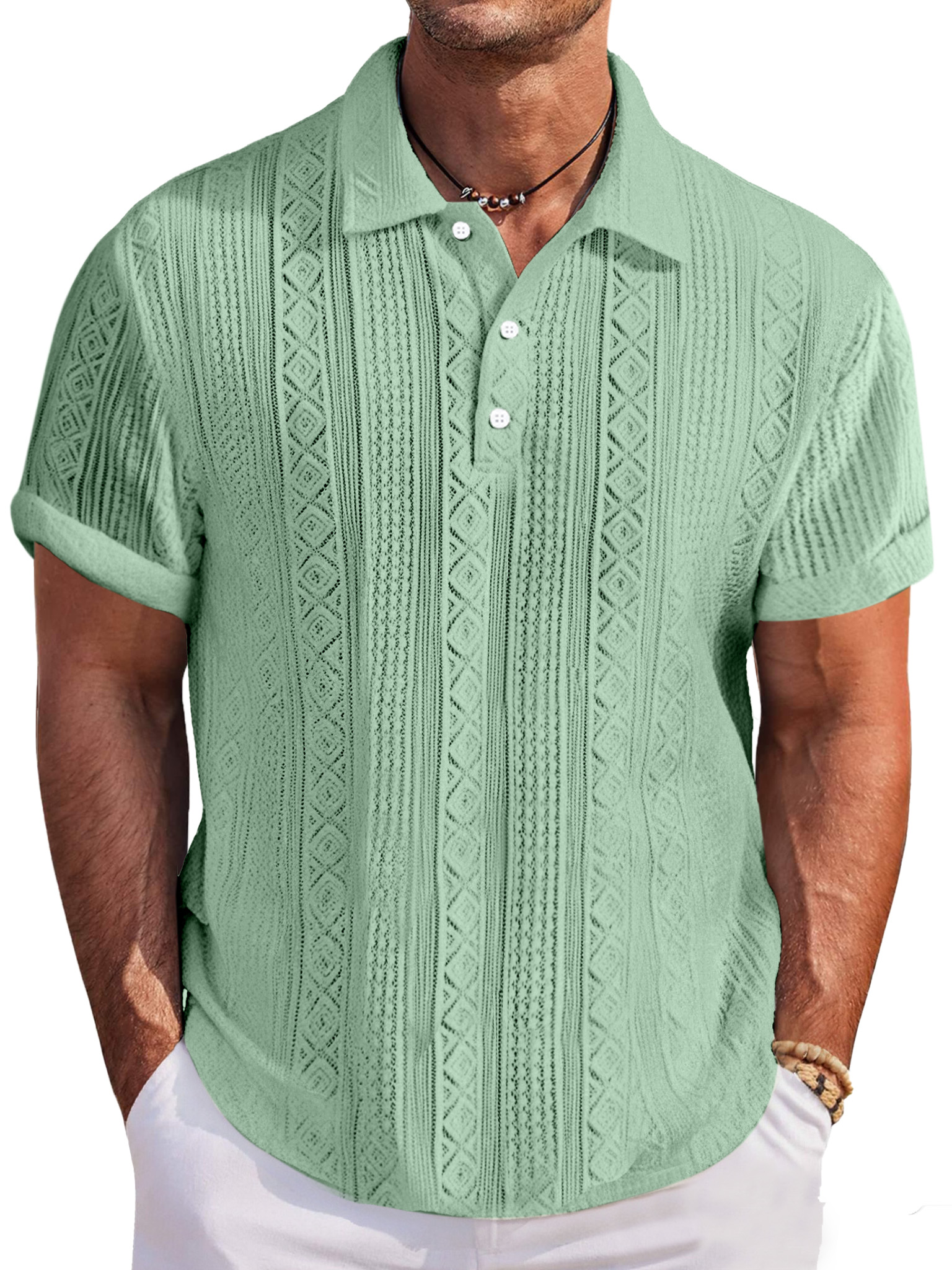 Men's Casual And Comfortable Solid Color Textured Short-sleeved Lapel Polo Shirt