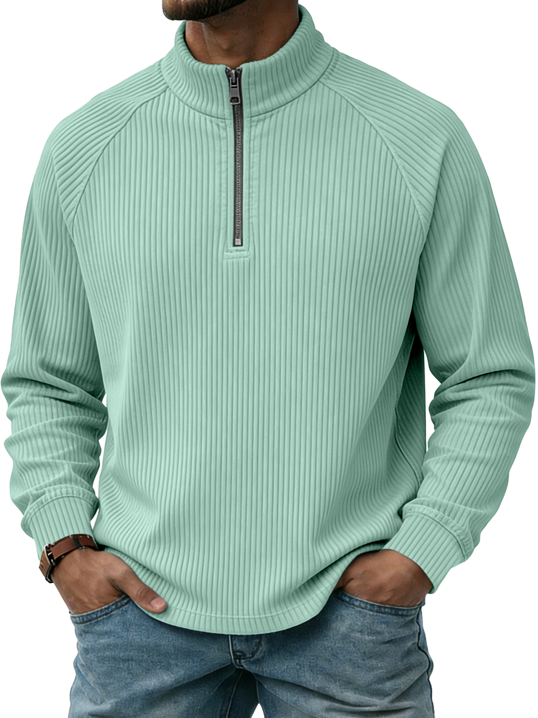Men's Casual Simple Vertical Stripe Zip-up Stand-collar Raglan Sleeve Polo Shirt