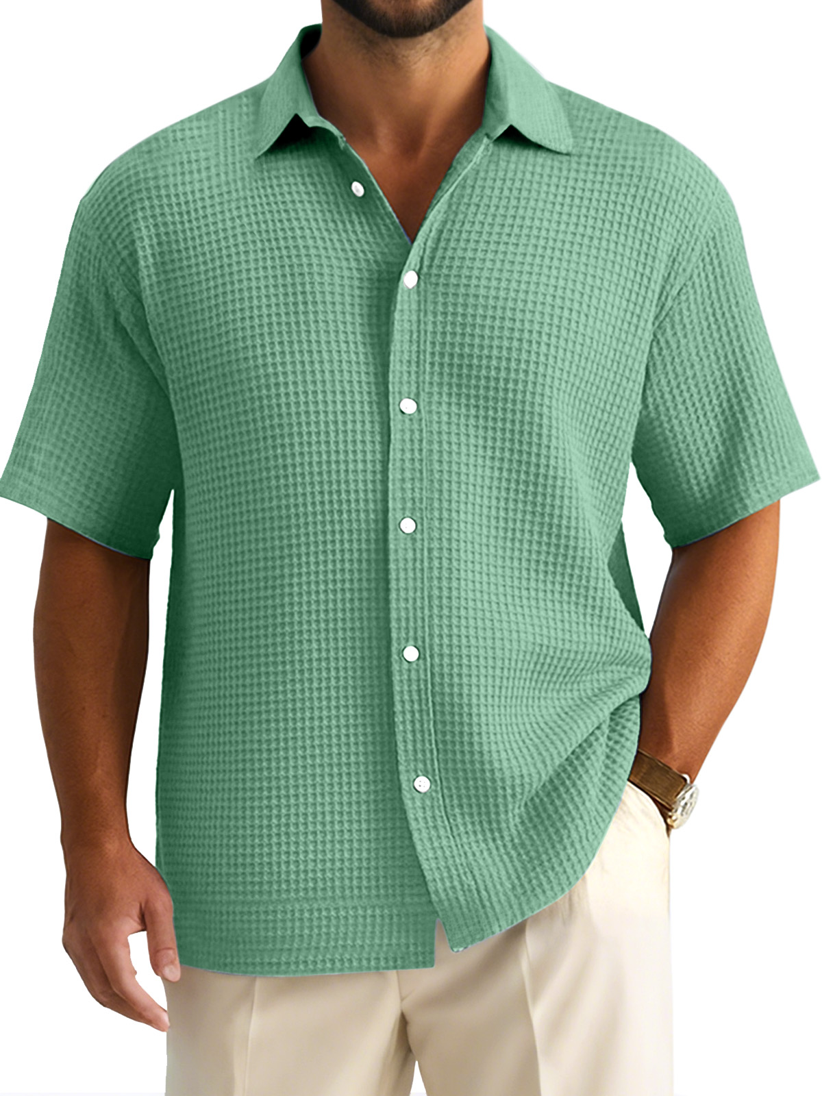 Men's Simple Casual Solid Color Waffle Short-sleeved Button-down Shirt