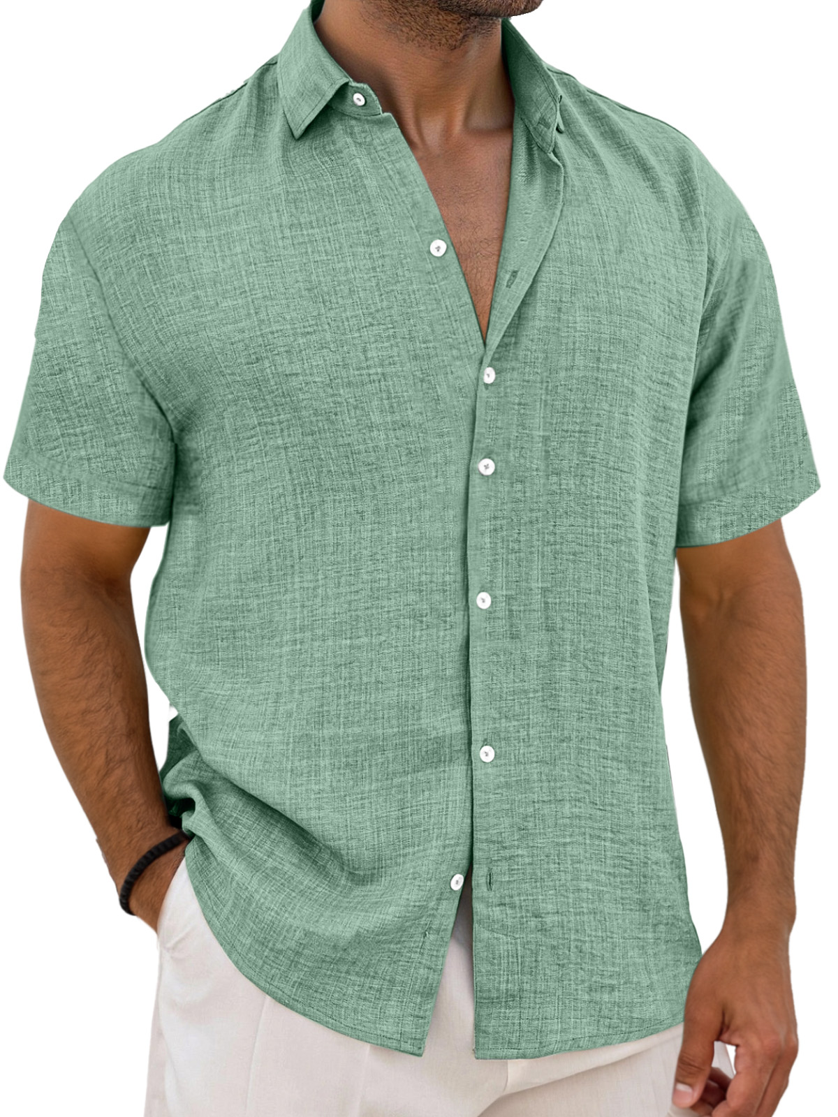 Men's Simple Solid Color Breathable Loose Lapel Short-sleeved Shirt