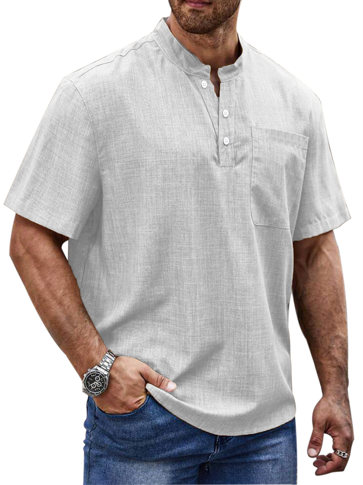 Men's Simple Daily Solid Color Short Sleeve Button Stand Collar Polo Shirt