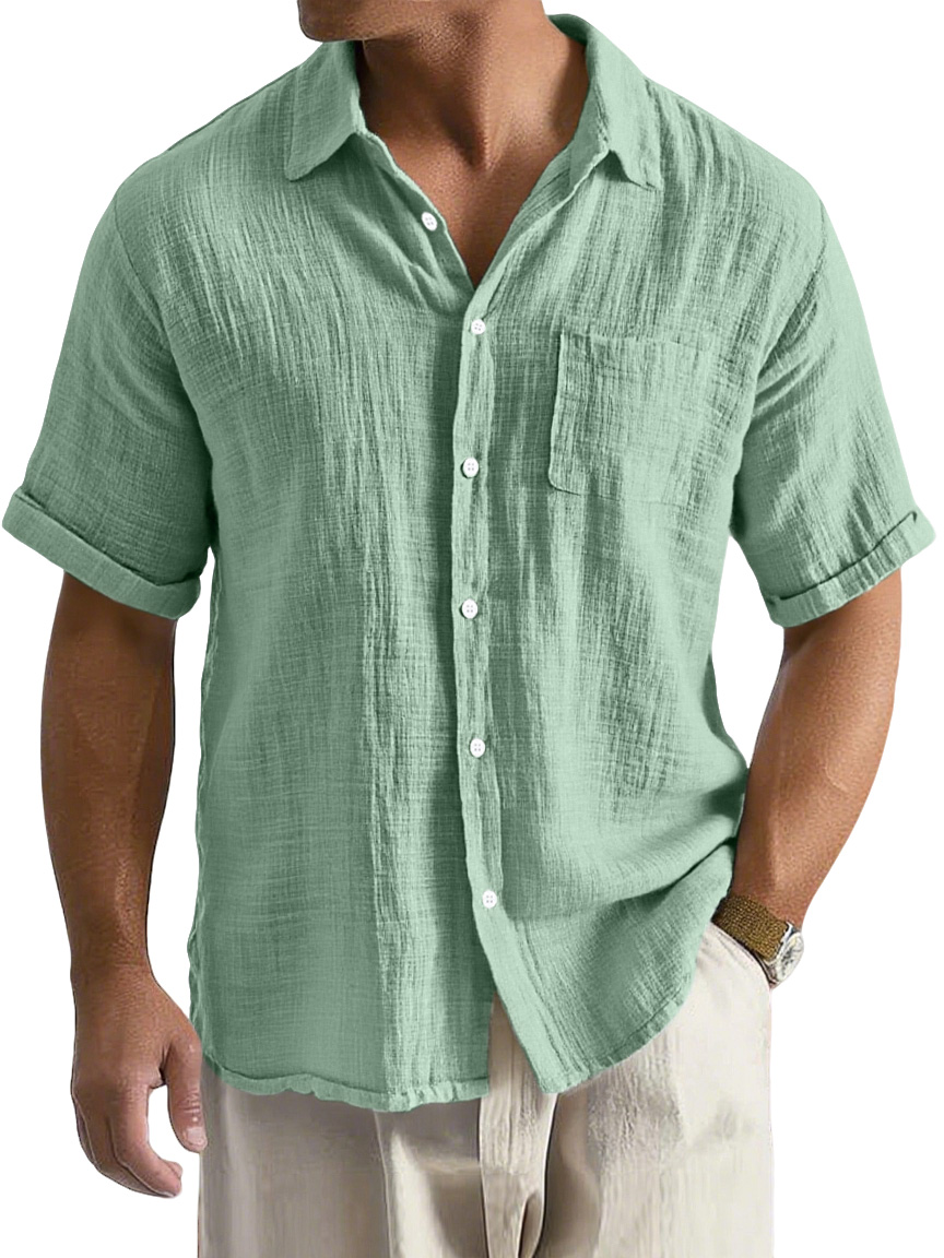 Men's Daily Casual Loose And Comfortable Imitation Linen Lapel Short-sleeved Button-down Shirt