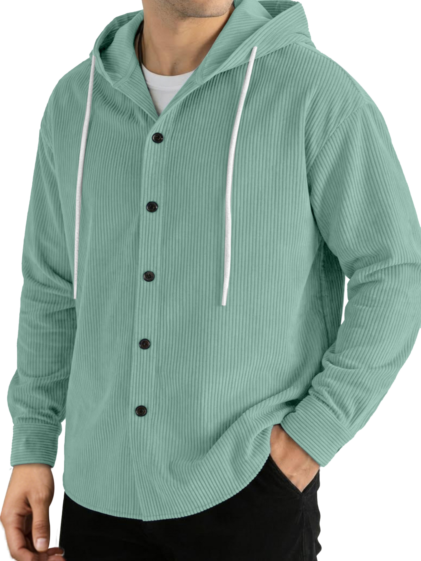 Casual Solid Color Vertical Ribbed Button-Up Hooded Long-Sleeve Shirt