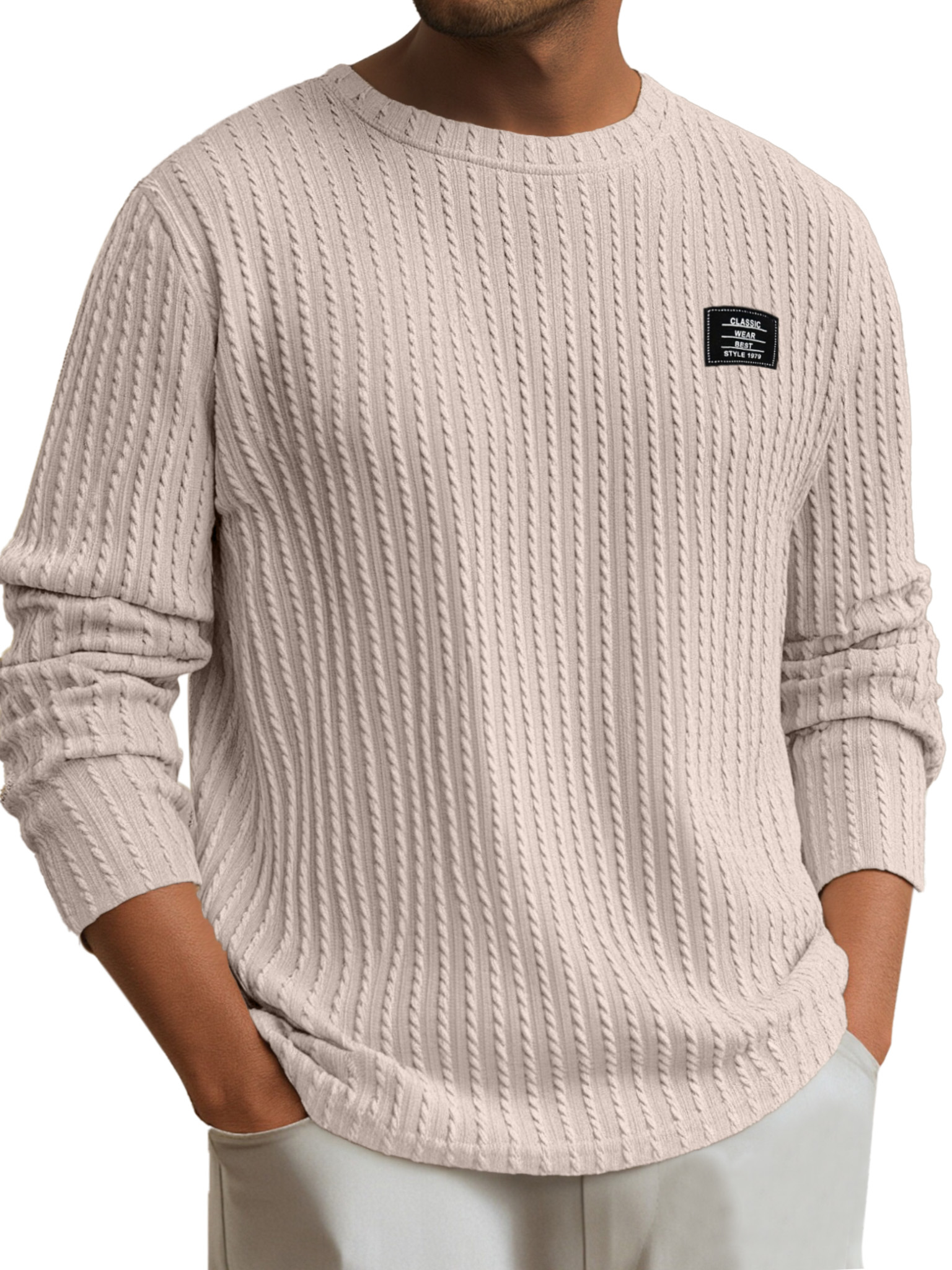 Men's Simple Daily Solid Color Logo Round Neck Long-sleeved T-shirt