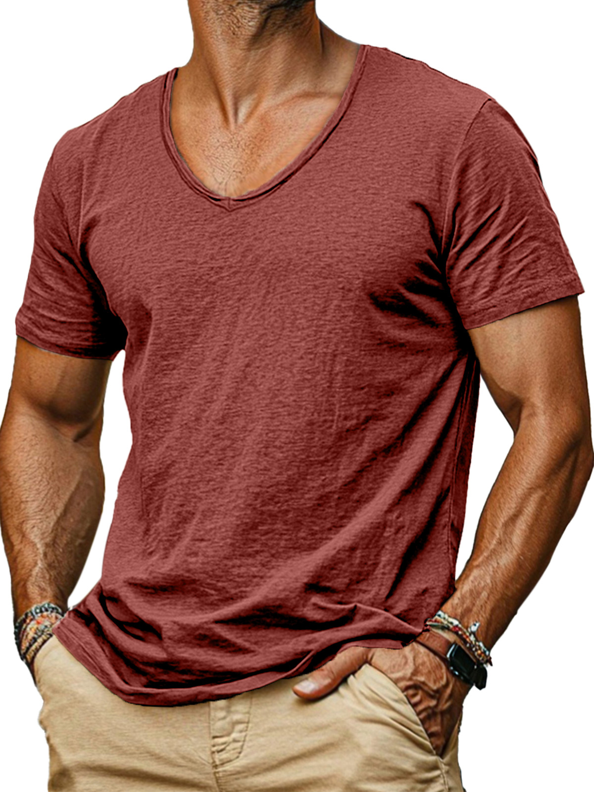 Men's simple and comfortable solid color v-neck short-sleeved T-shirt