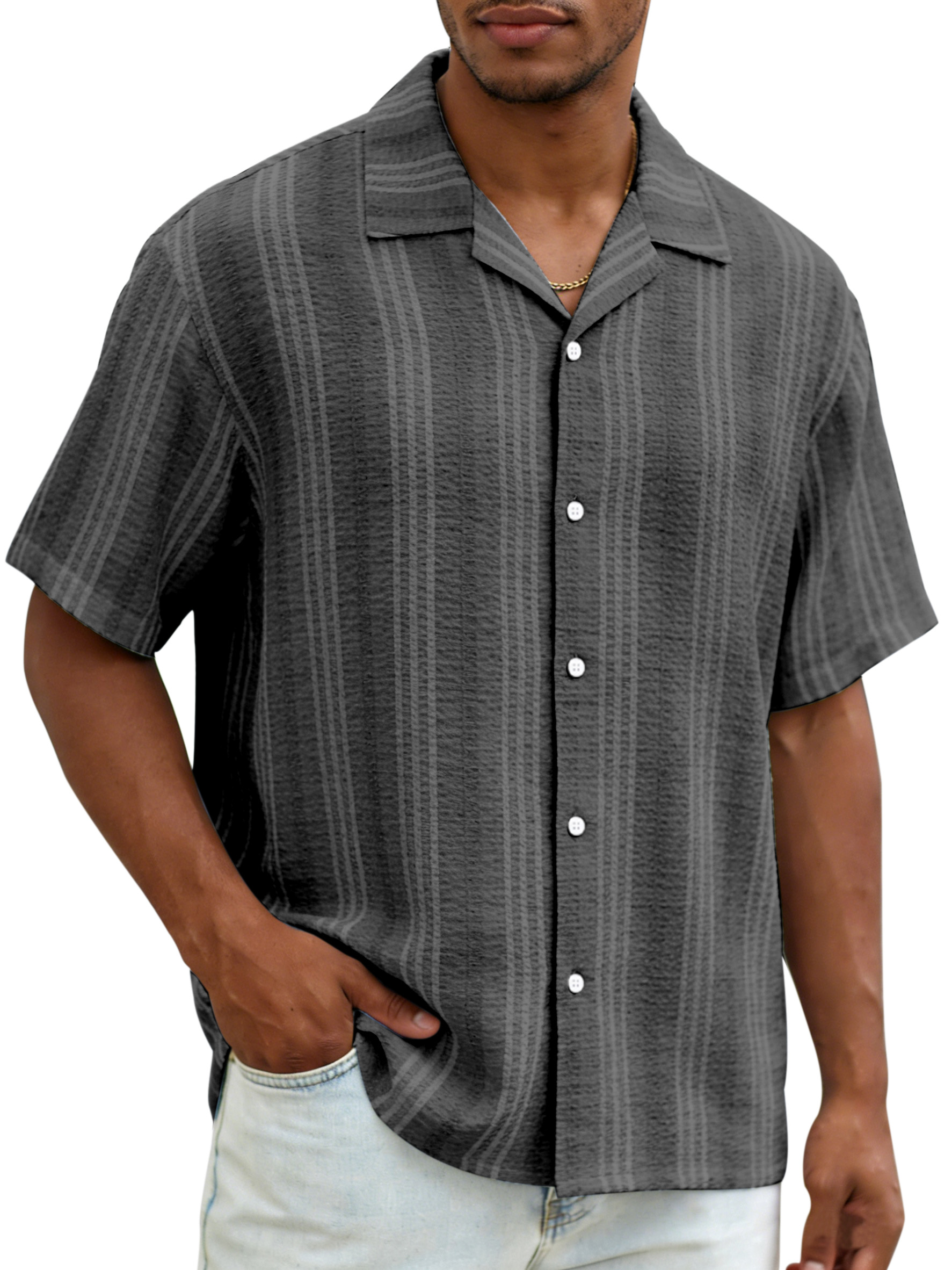 Daily casual resort style vertical striped breathable loose short-sleeved shirt